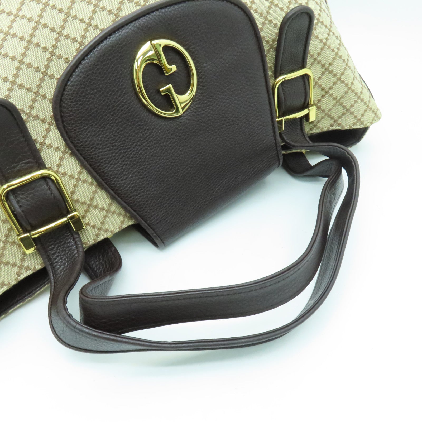 GUCCI Cowhide Leather/Canvas Hand Bag Gold Buckle Hand Bag Brown/Black