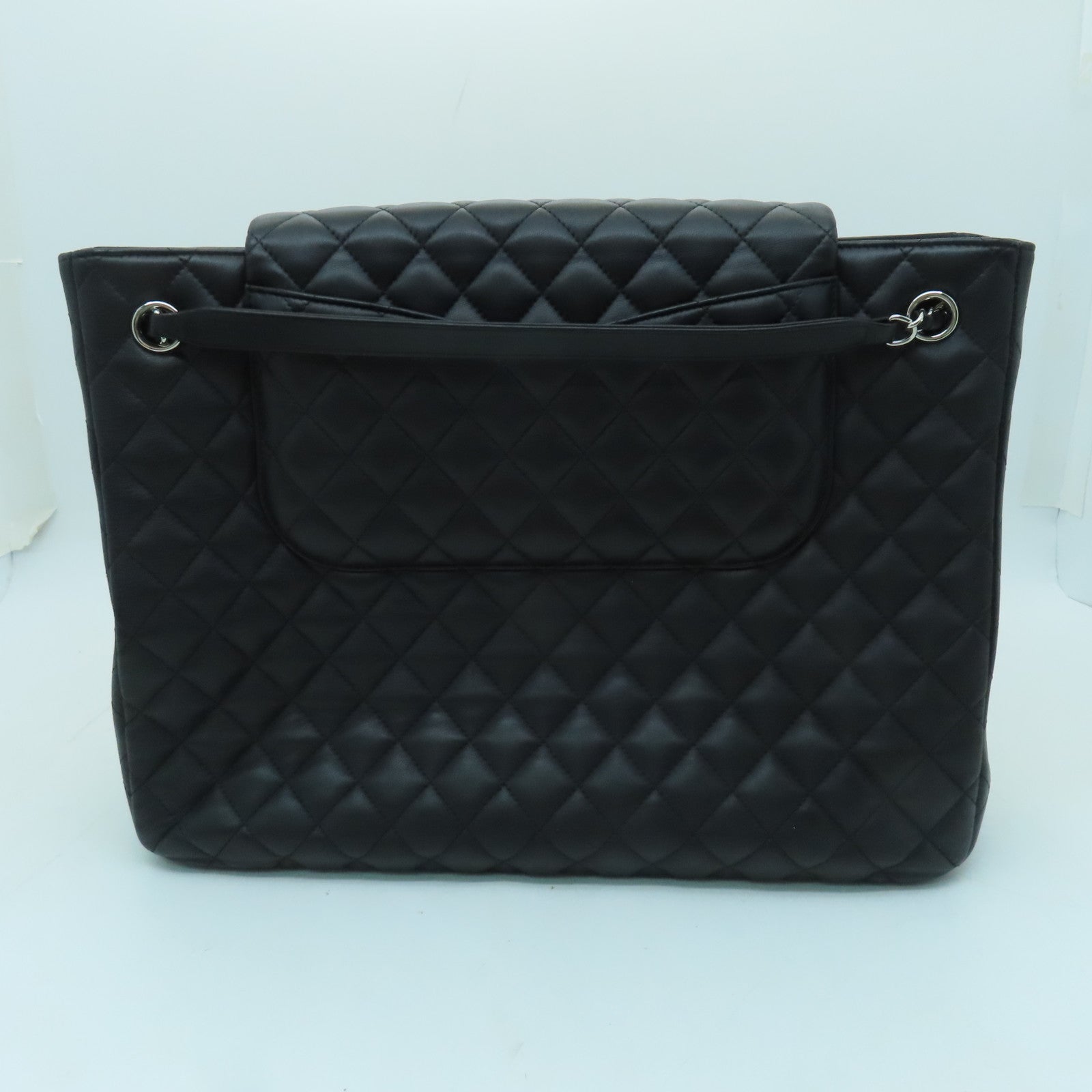 CHANEL 菱格羊皮皮革Totebag銀扣鏈帶肩背袋黑色