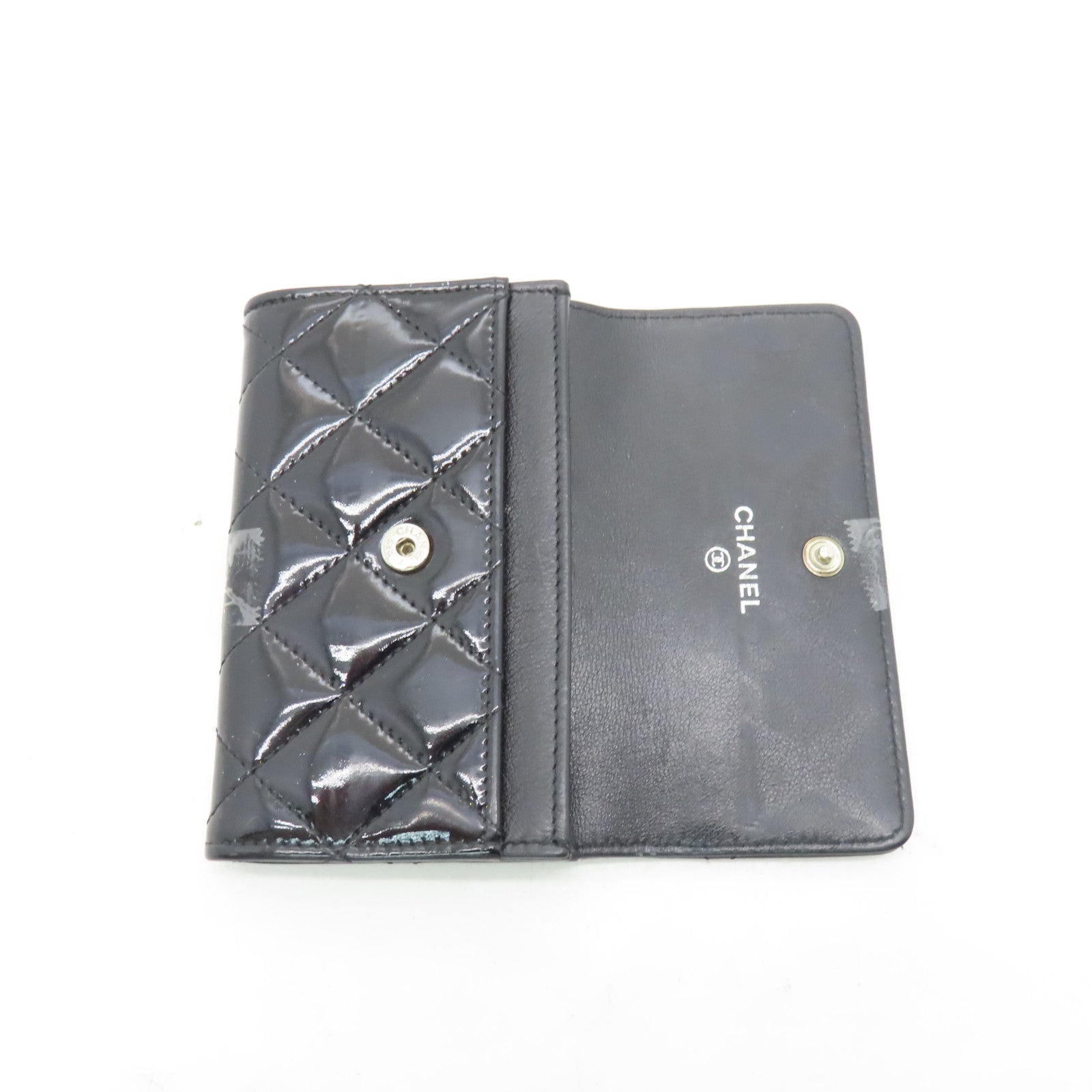 CHANEL Rhombus Patent Leather Card Case Silver Buckle Card Case Black
