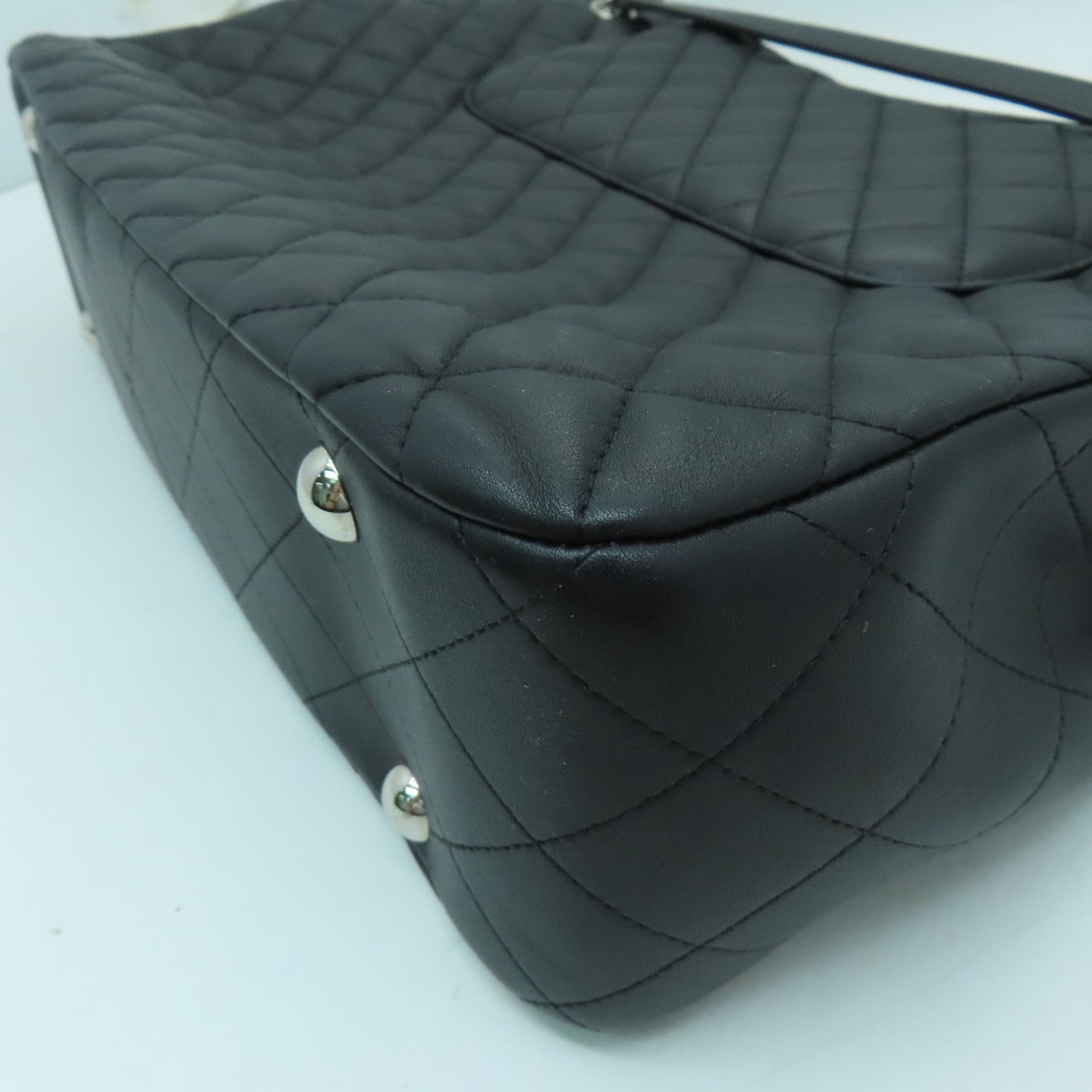 CHANEL 菱格羊皮皮革Totebag銀扣鏈帶肩背袋黑色