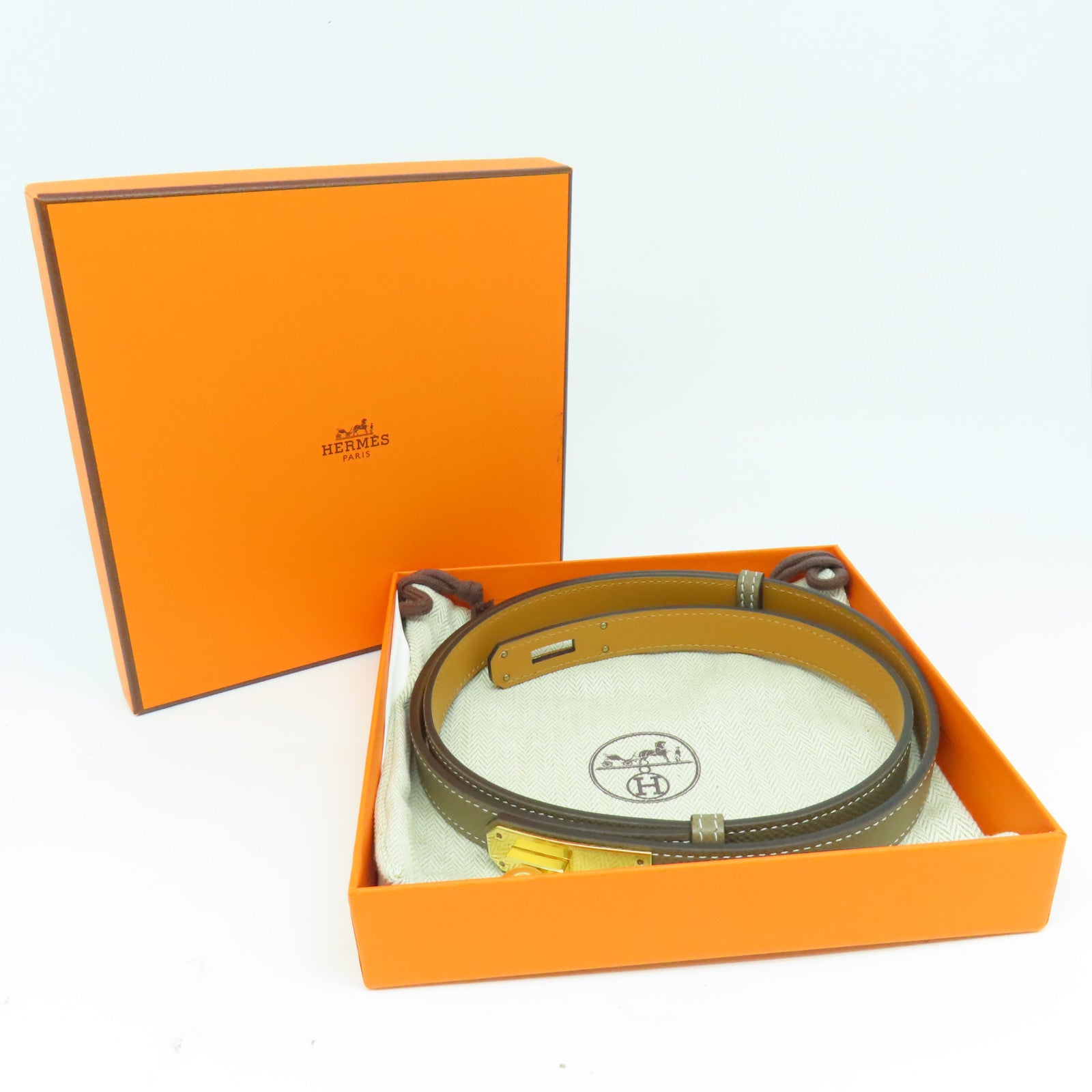 HERMES Epsom皮革Kelly Belt金扣皮帶灰色
