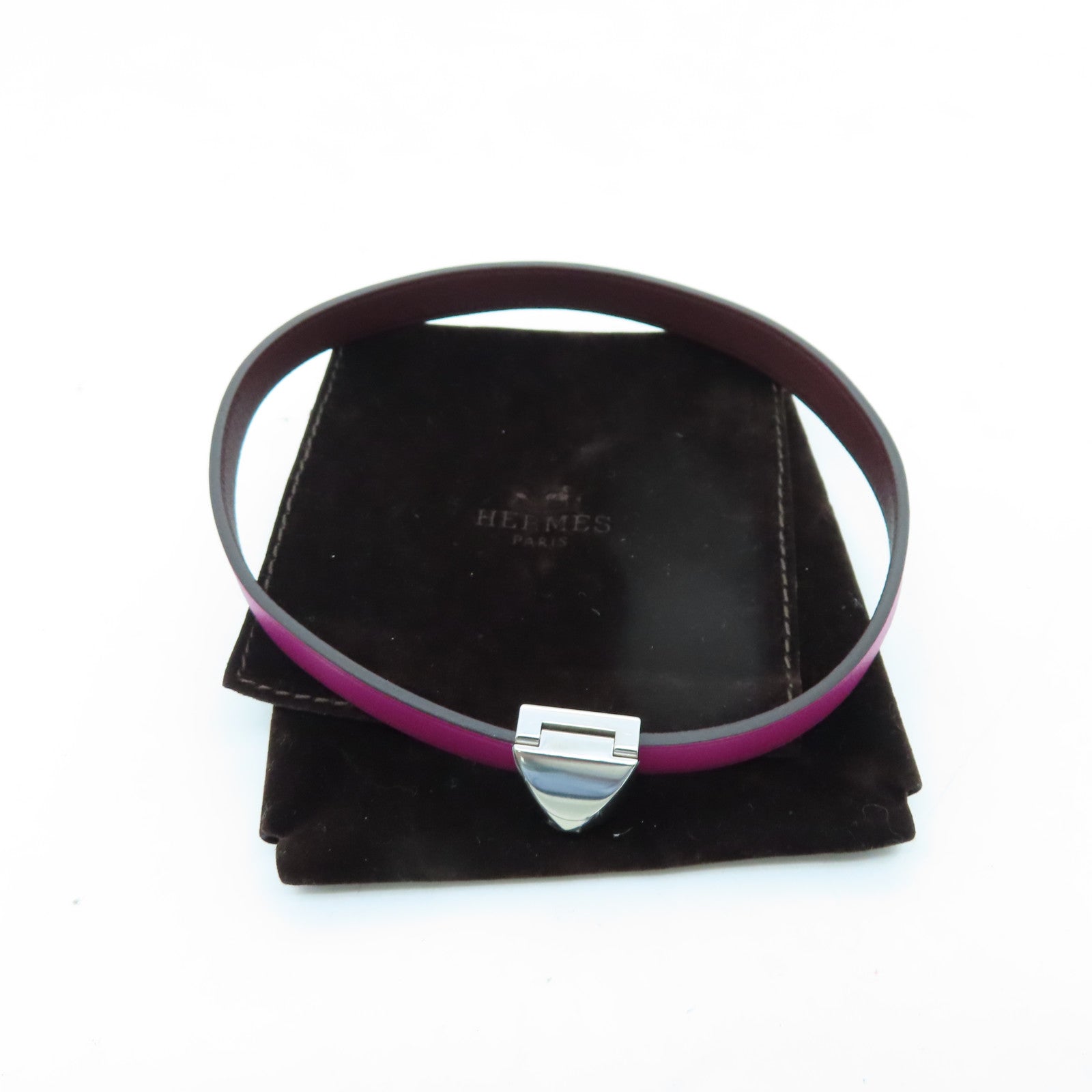 HERMES Veau Swift皮革Bracelet银扣手环木兰粉色