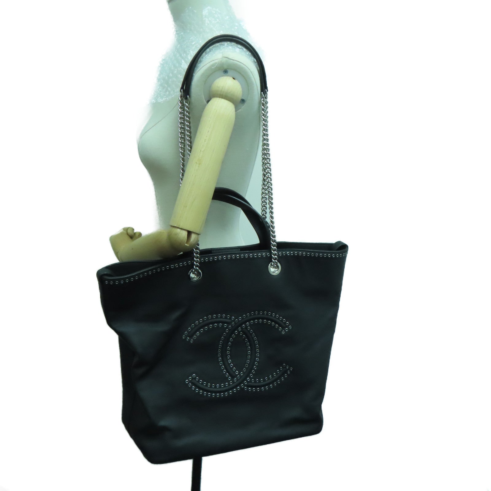 CHANEL Grained皮革Shopping Shoulder Handbag銀扣手挽肩背兩用袋黑色