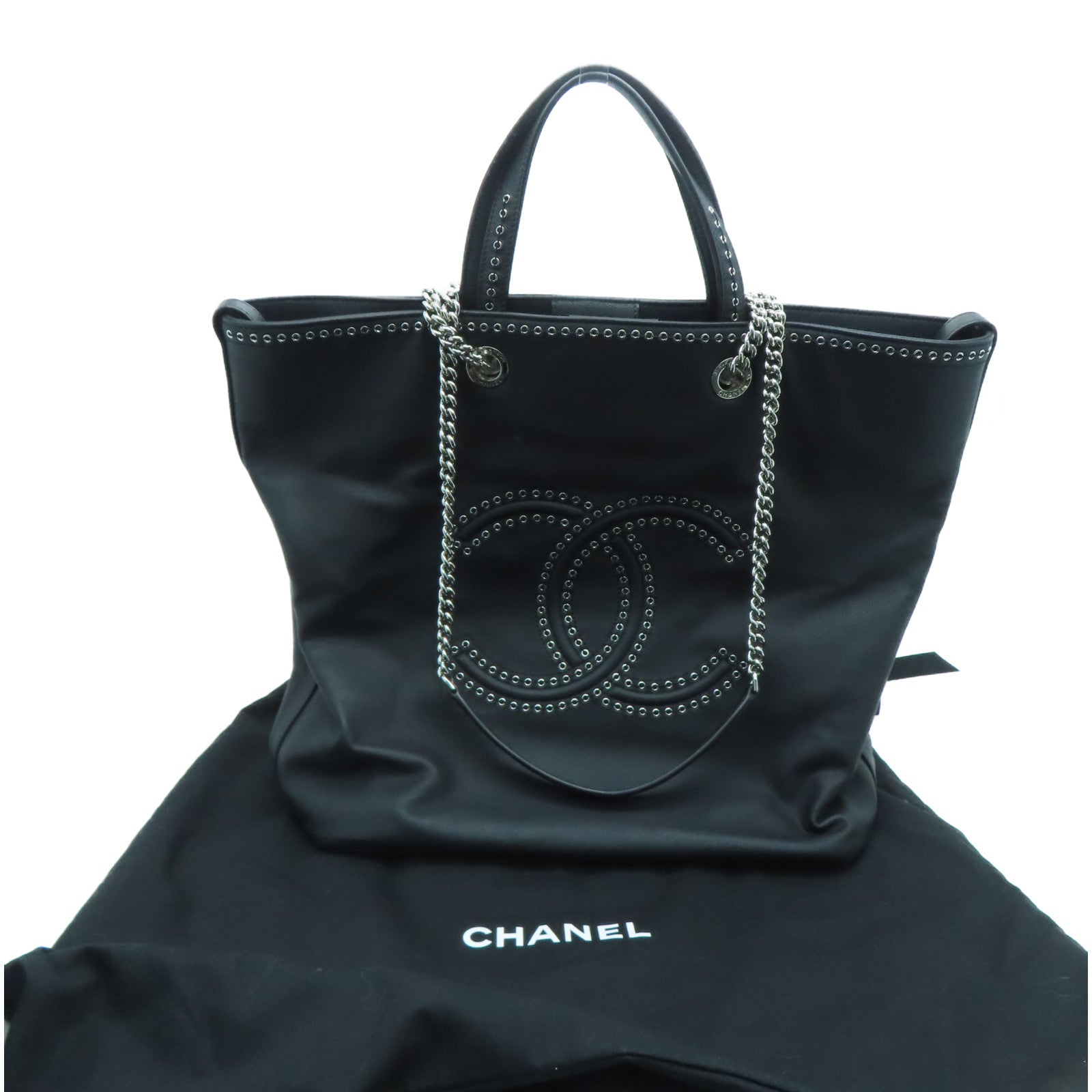 CHANEL Grained皮革Shopping Shoulder Handbag銀扣手挽肩背兩用袋黑色