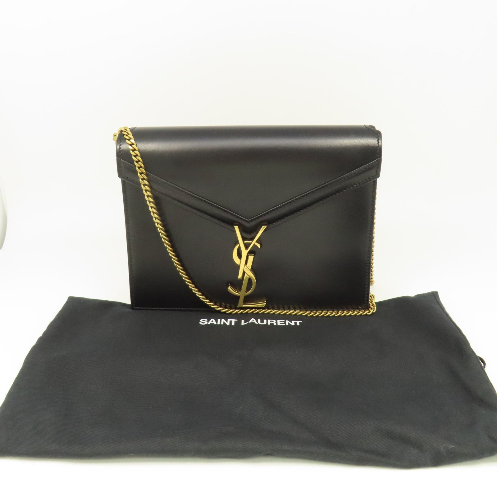 YVES SAINT LAURENT 牛皮皮革Chain Shoulder金扣鏈帶肩背袋黑色