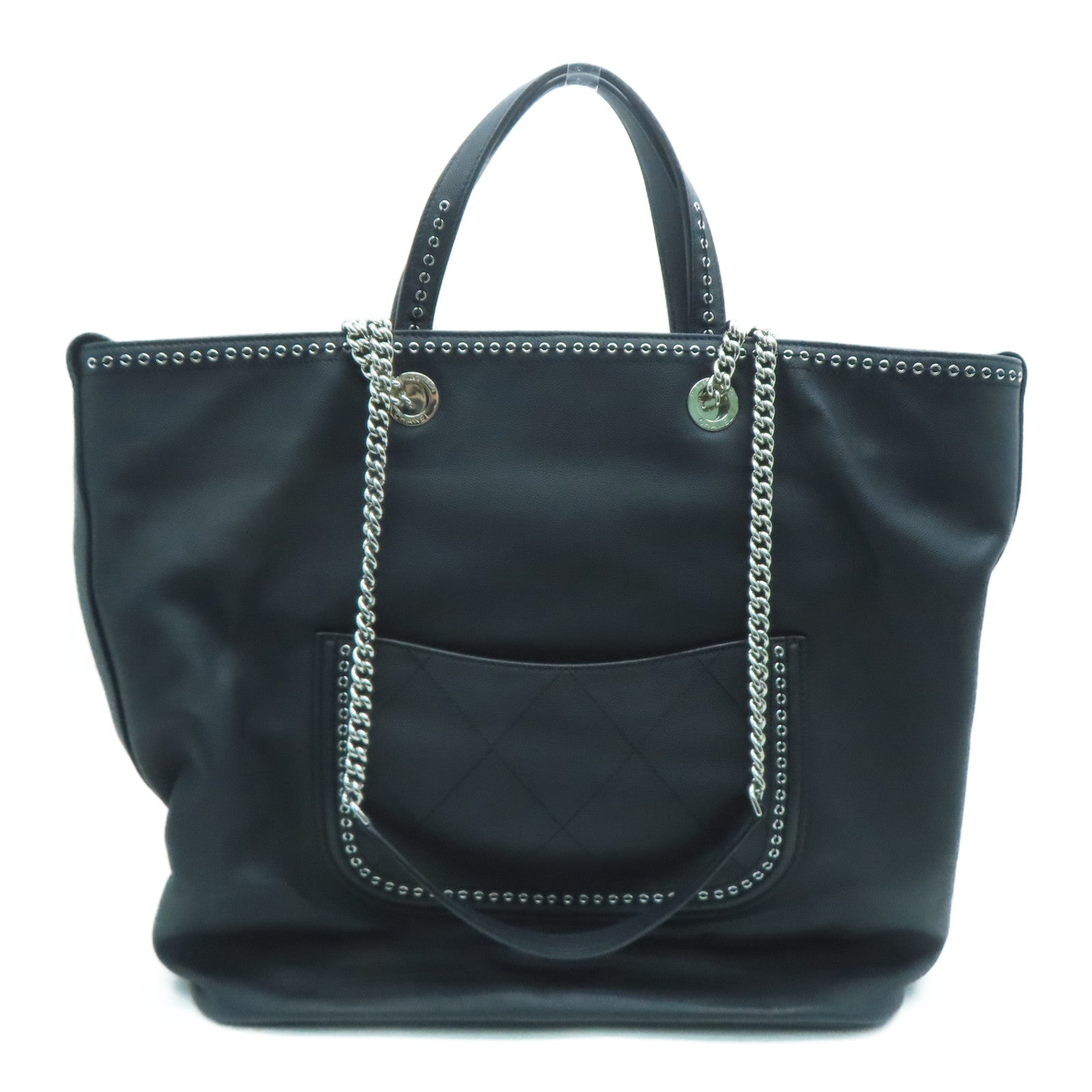 CHANEL Grained皮革Shopping Shoulder Handbag銀扣手挽肩背兩用袋黑色