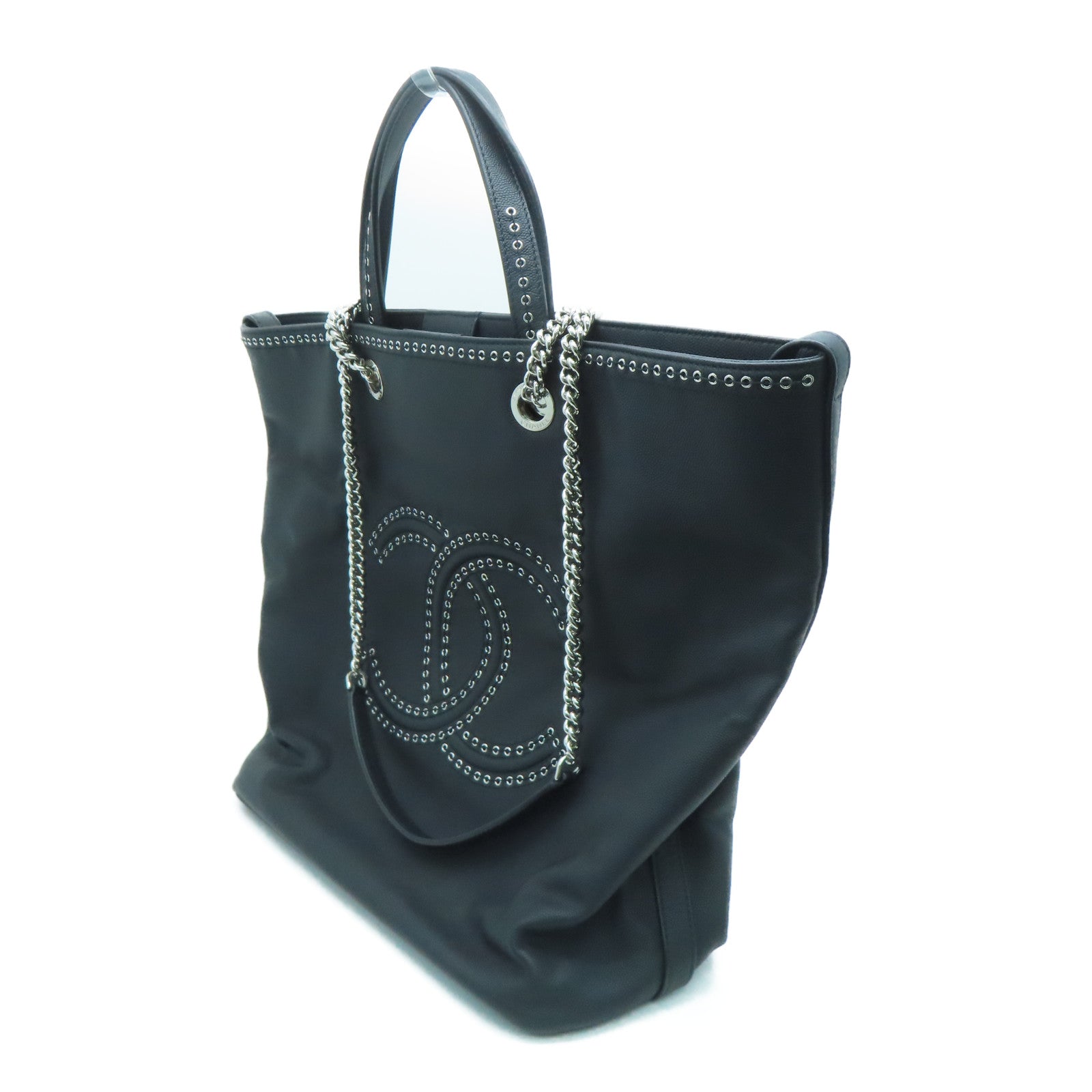 CHANEL Grained皮革Shopping Shoulder Handbag銀扣手挽肩背兩用袋黑色