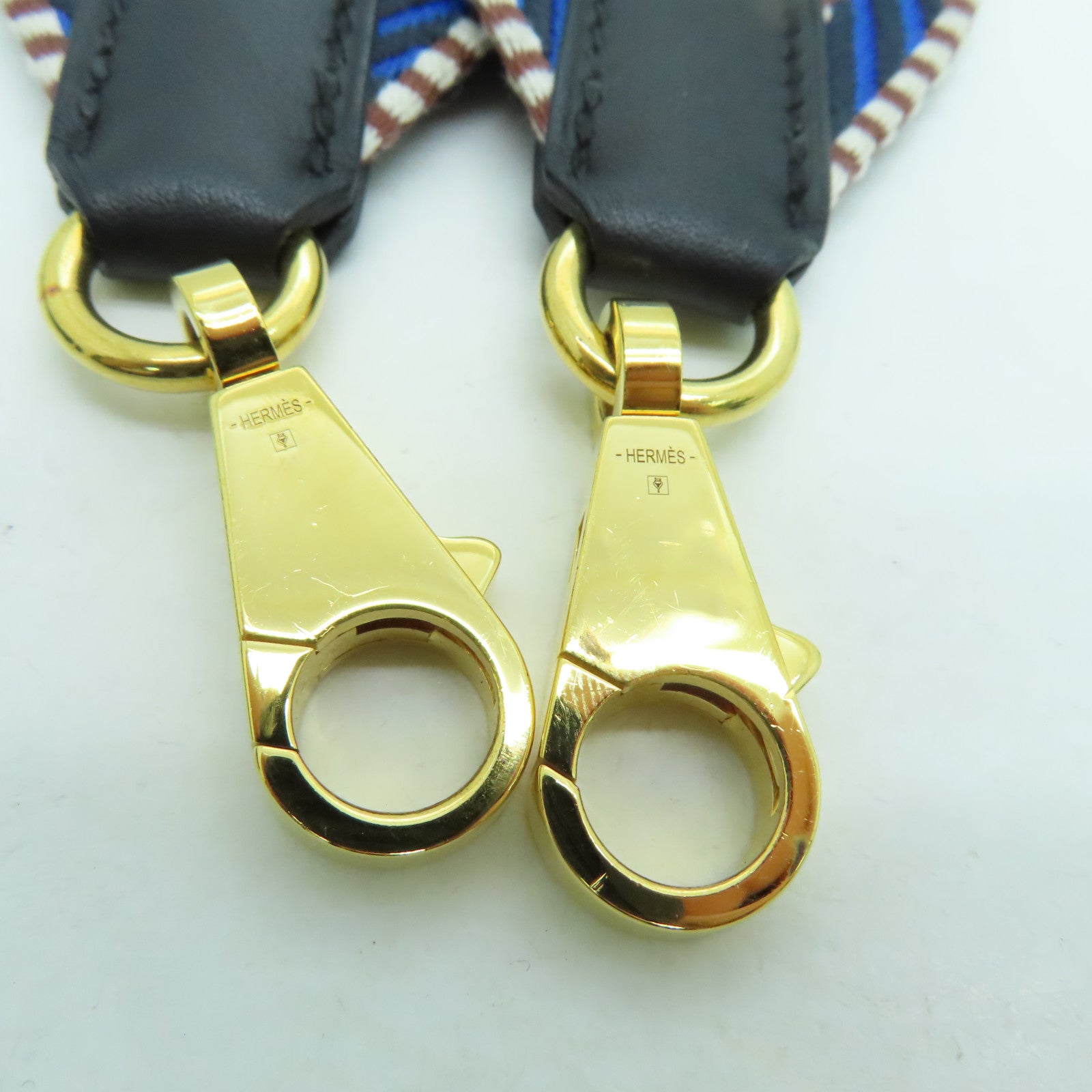 HERMES 帆布Strap金扣肩帶藍色/啡色