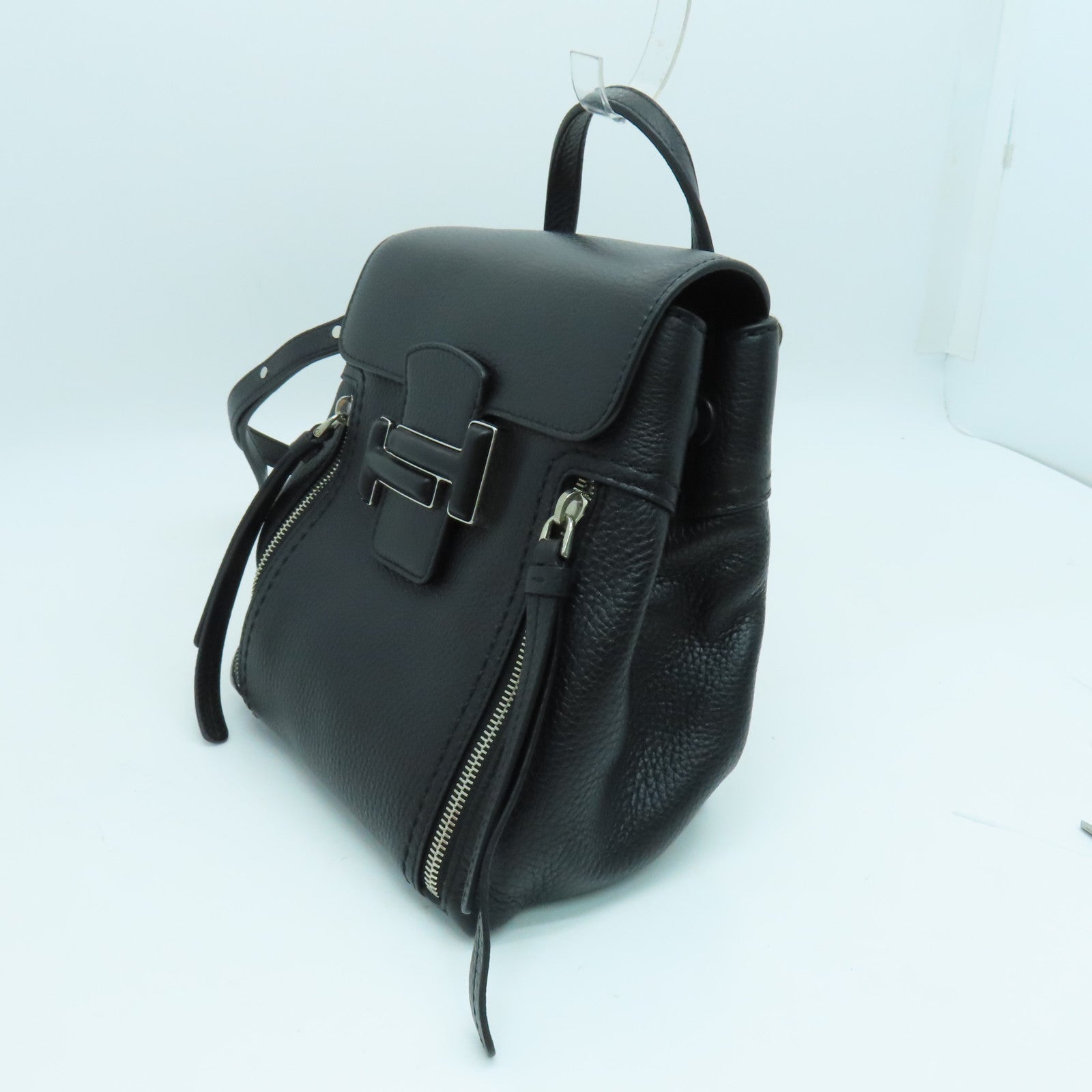 TOD S Cowhide Leather Backpack Silver Buckle Backpack Black