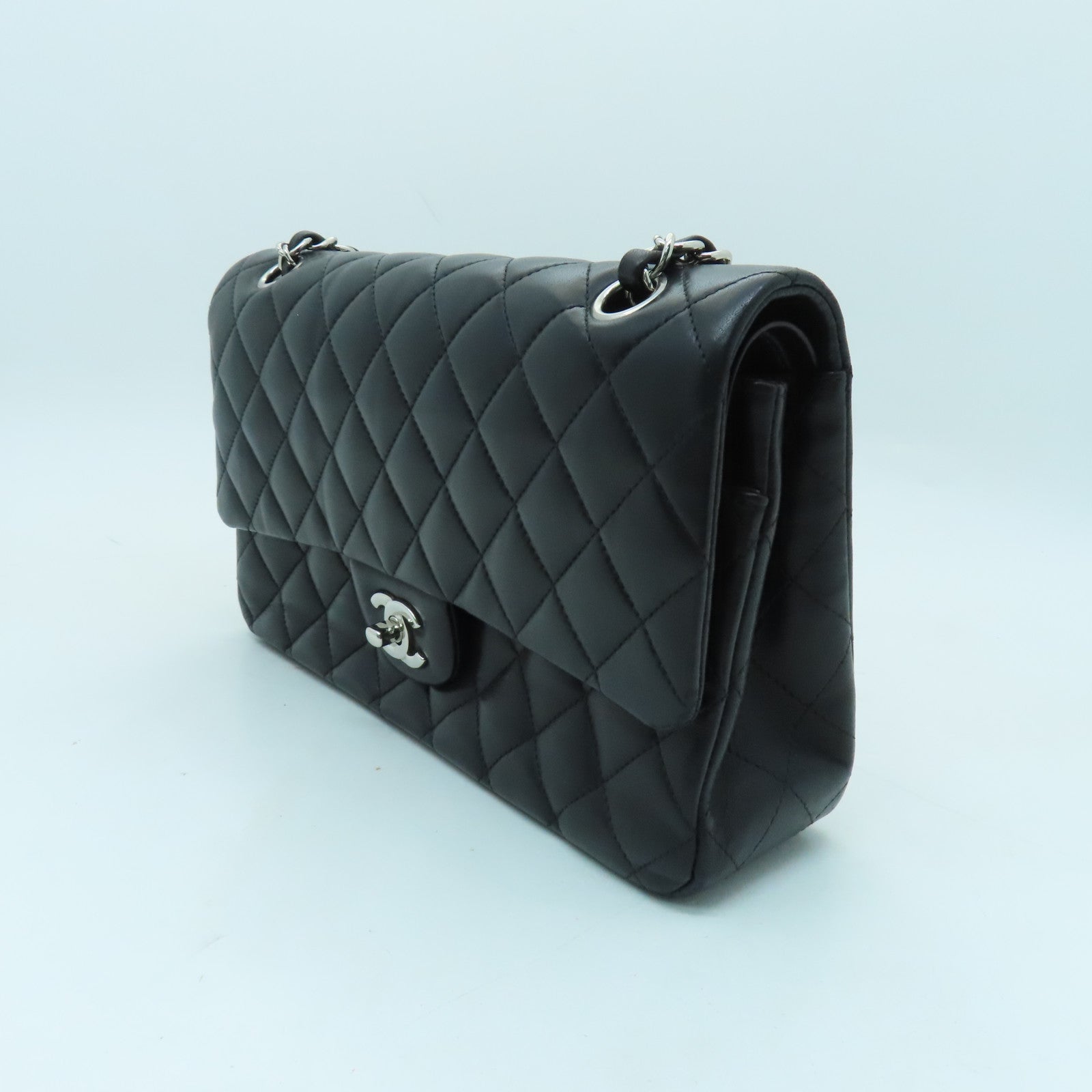 CHANEL 菱格羊皮皮革Chain Shoulder銀扣手挽肩背兩用袋黑色
