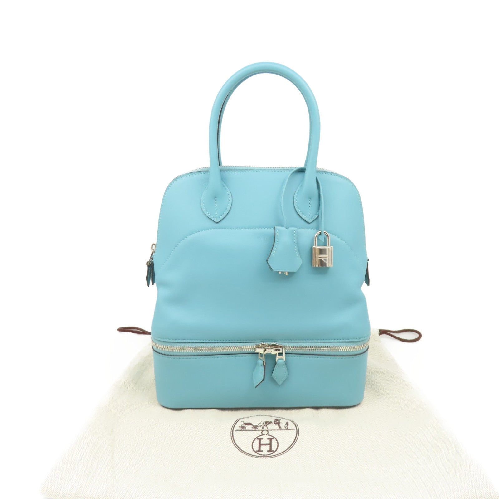 HERMES Swift皮革Bolide Secret Handbag銀扣手挽袋Blue Saint Cyr/聖西爾藍色