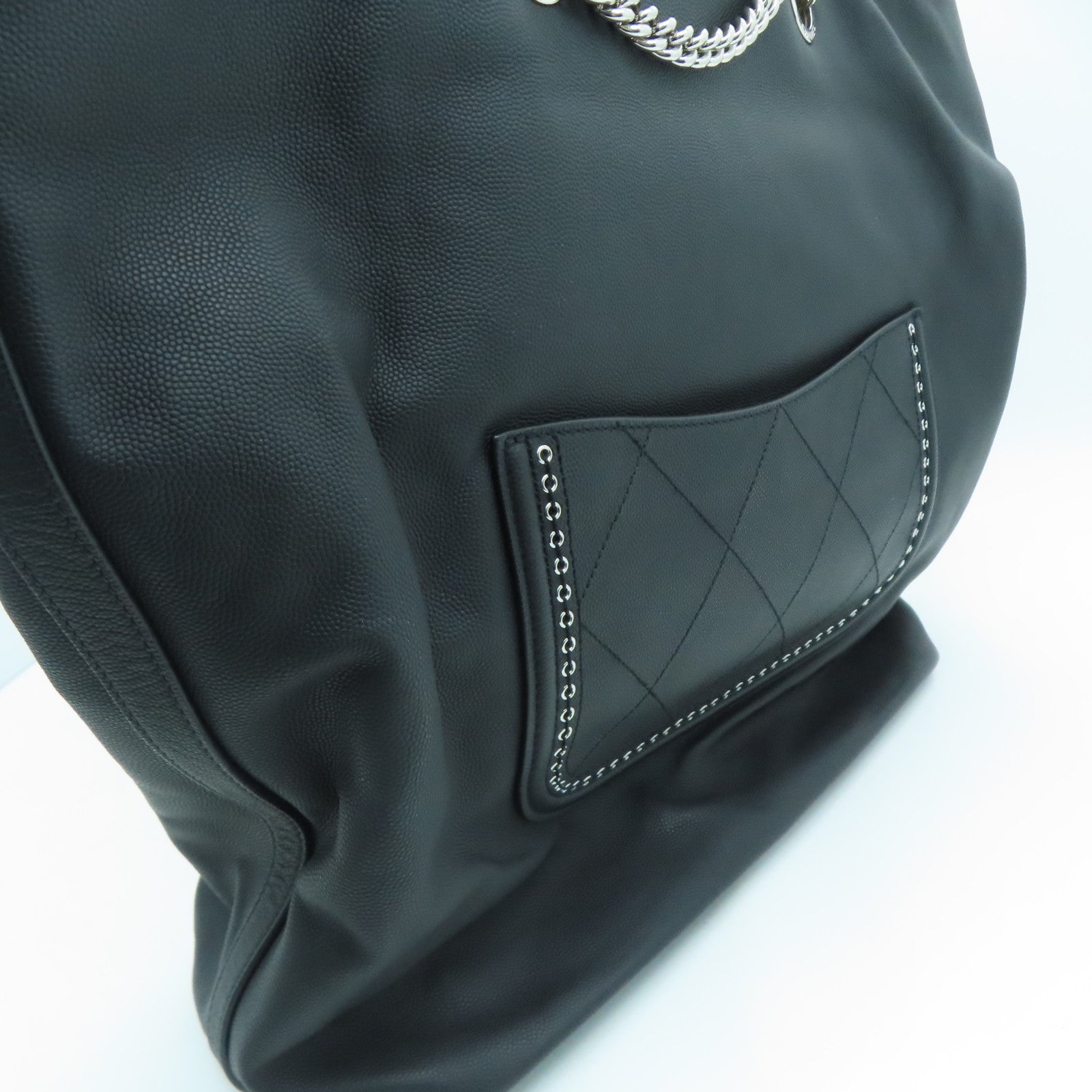 CHANEL Grained皮革Shopping Shoulder Handbag銀扣手挽肩背兩用袋黑色