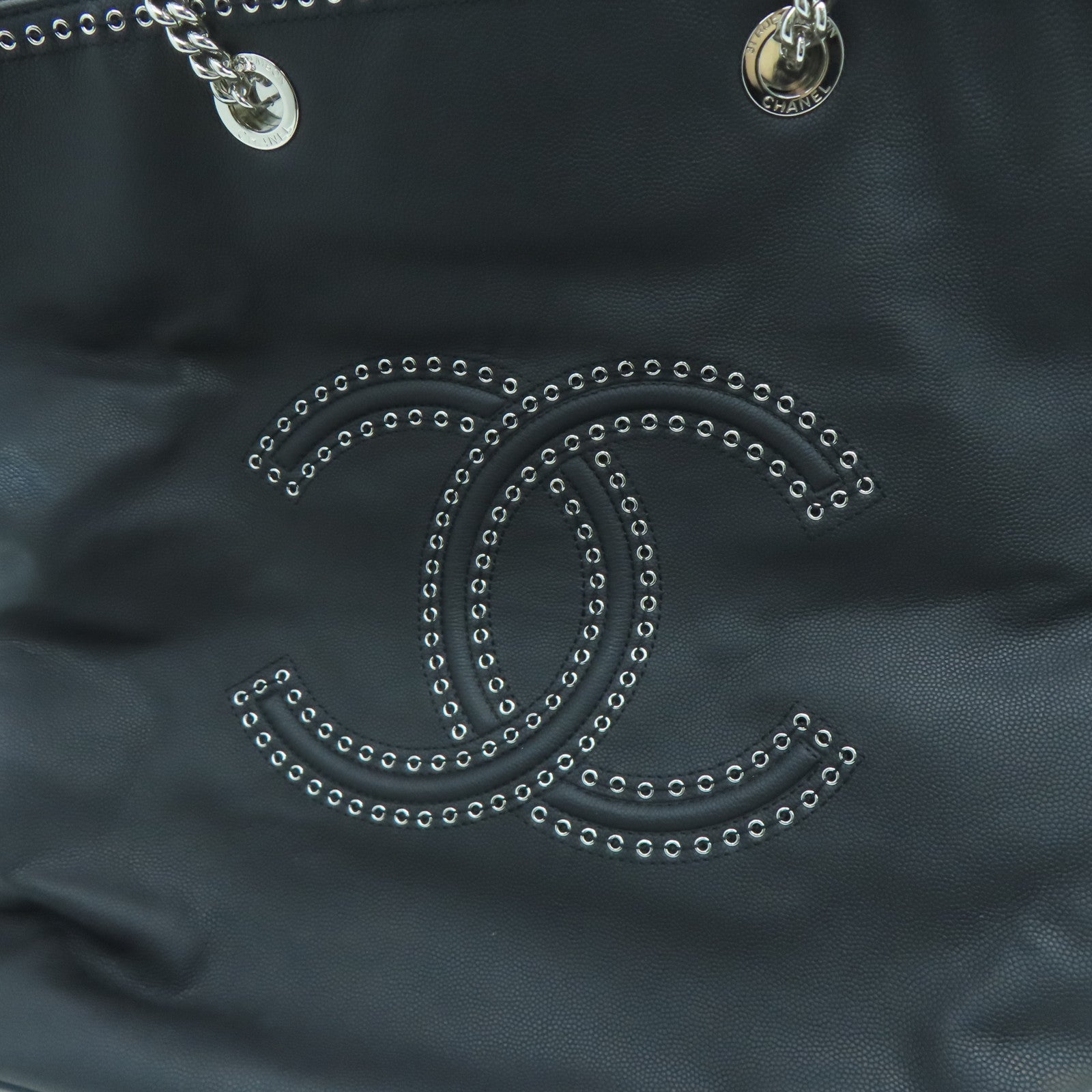CHANEL Grained皮革Shopping Shoulder Handbag銀扣手挽肩背兩用袋黑色