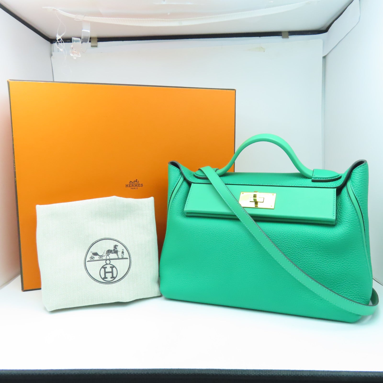 HERMES Veau Swift皮革/Togo皮革24/24金扣手挽肩背兩用袋Bambou竹子色