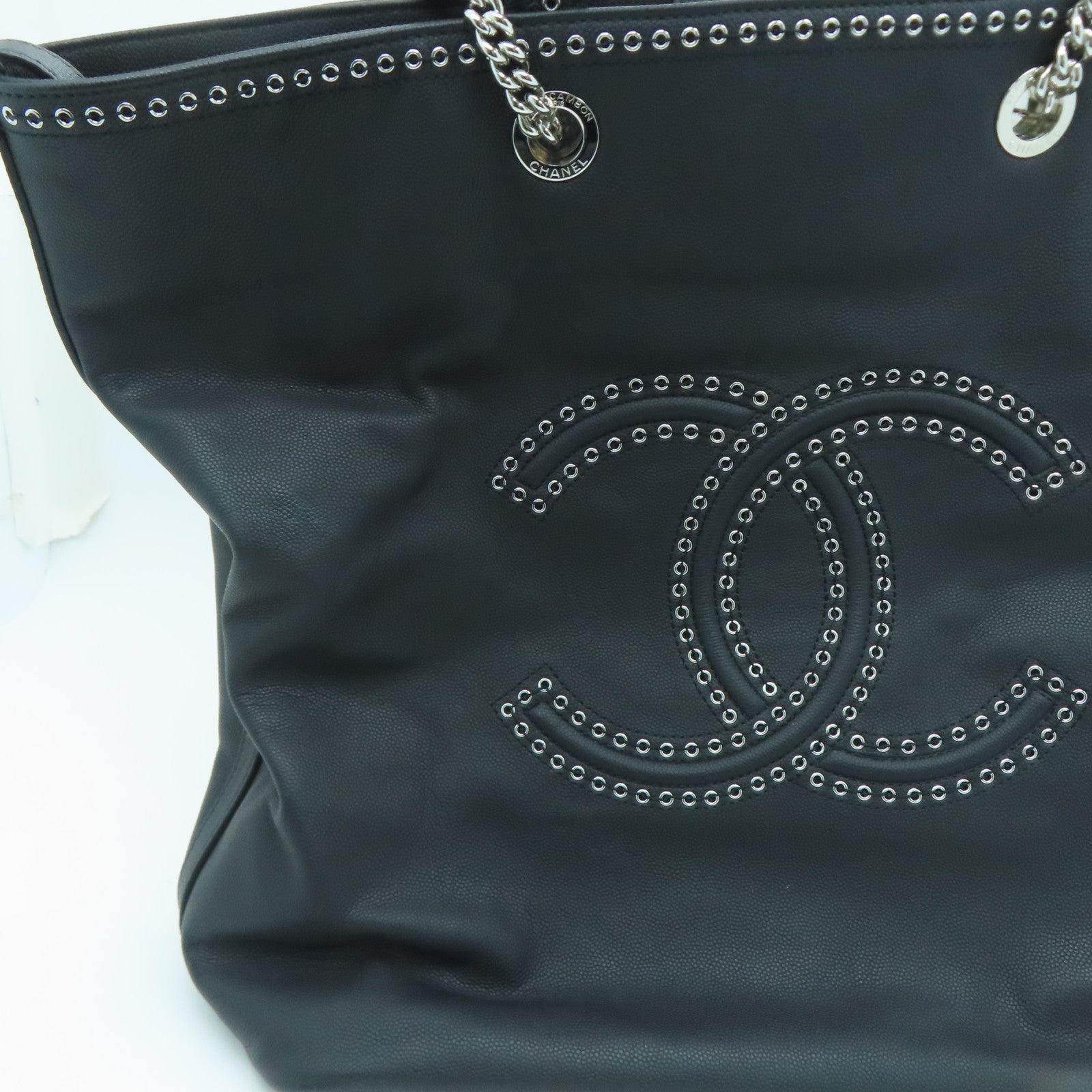 CHANEL Grained皮革Shopping Shoulder Handbag銀扣手挽肩背兩用袋黑色