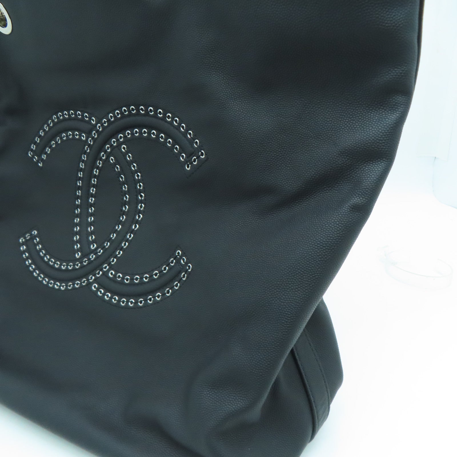 CHANEL Grained皮革Shopping Shoulder Handbag銀扣手挽肩背兩用袋黑色
