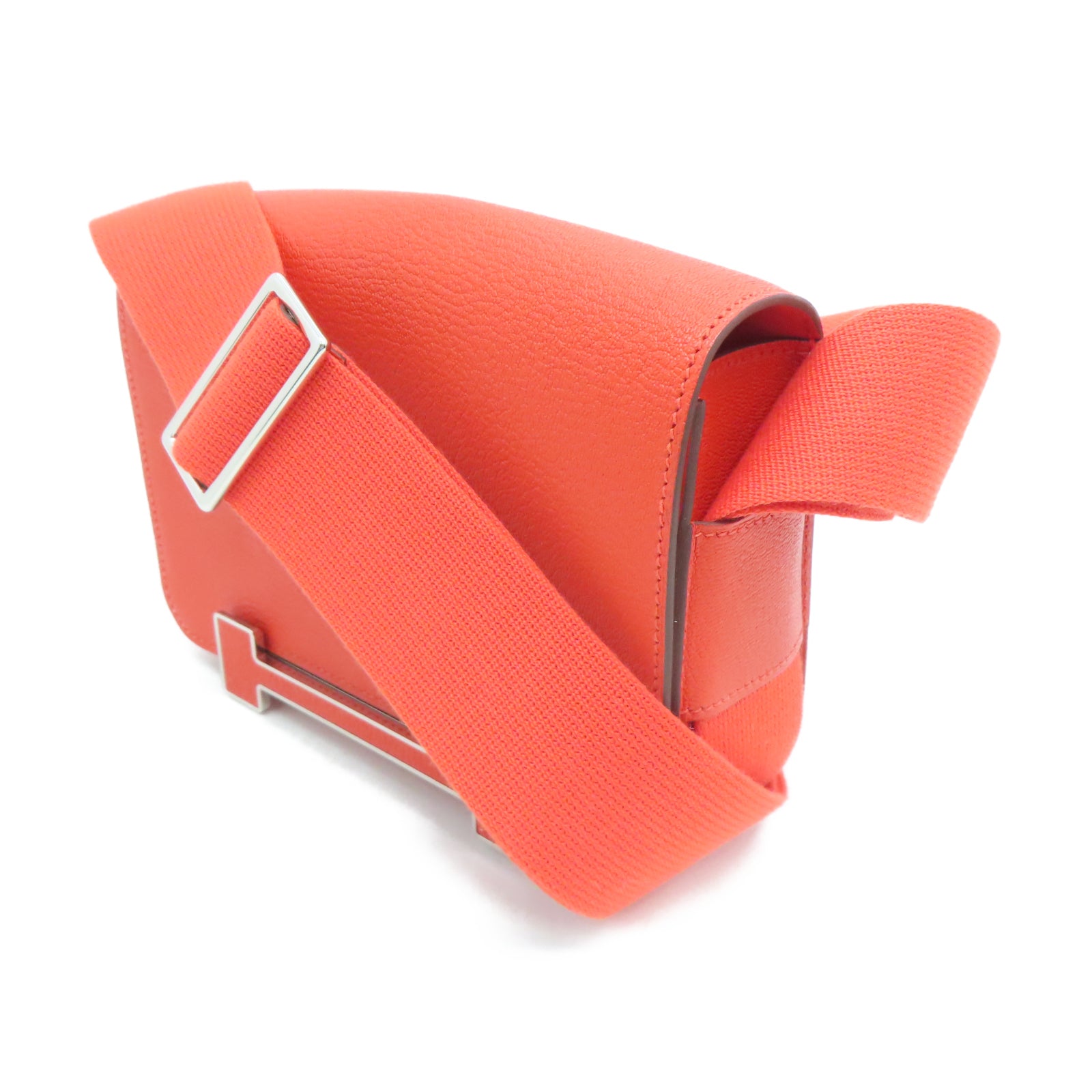 HERMES Mysore Goat Leather Geta Silver Buckle Shoulder Bag Fire Orange