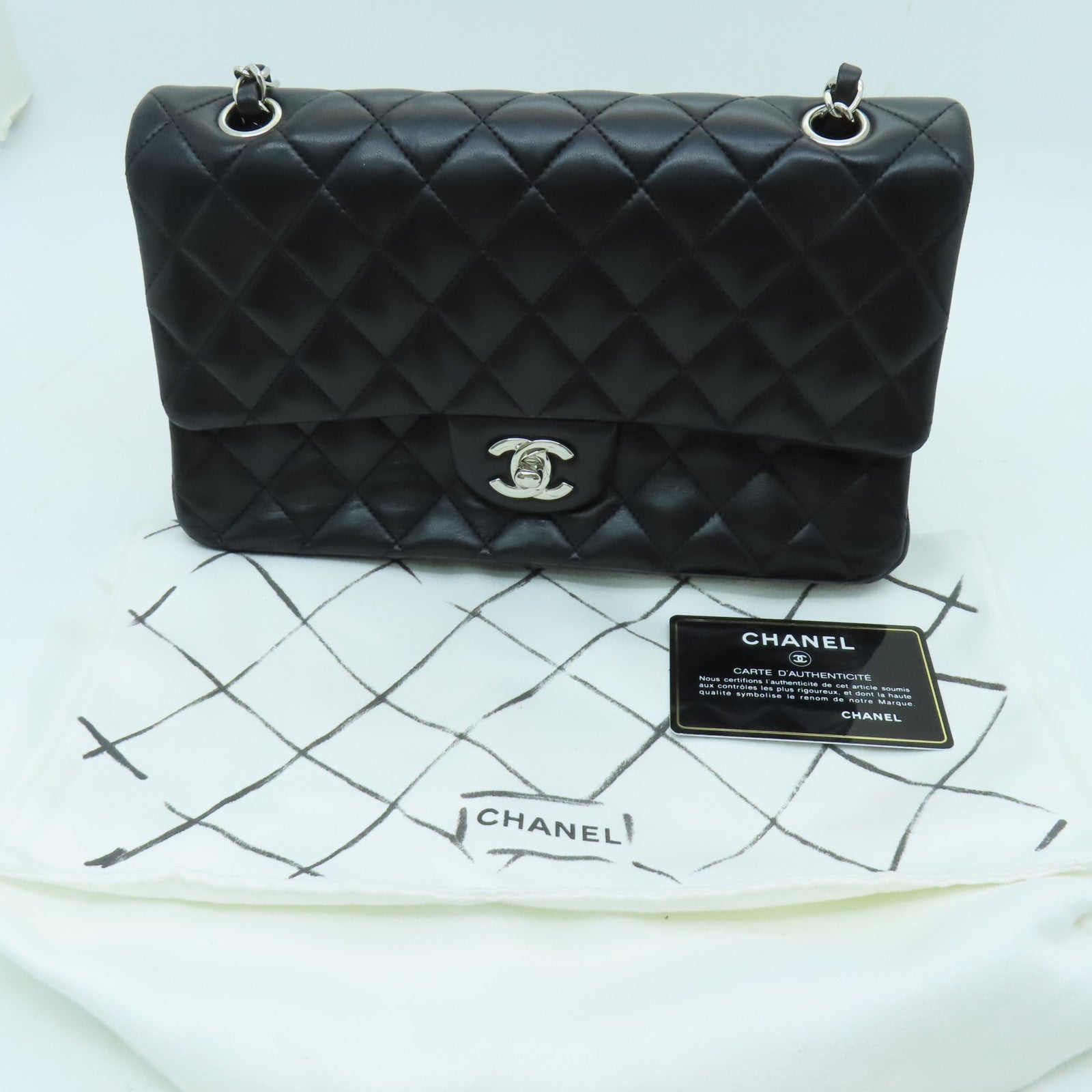 CHANEL 菱格羊皮皮革Chain Shoulder銀扣手挽肩背兩用袋黑色