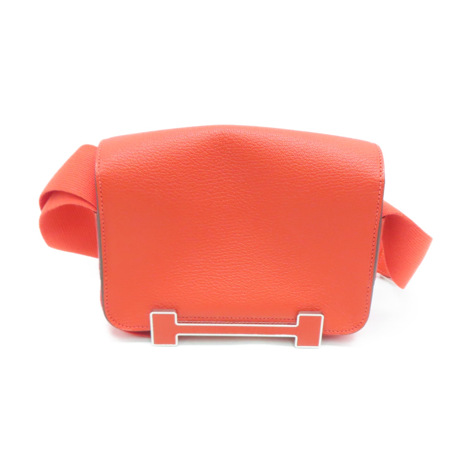 HERMES Mysore Goat Leather Geta Silver Buckle Shoulder Bag Fire Orange
