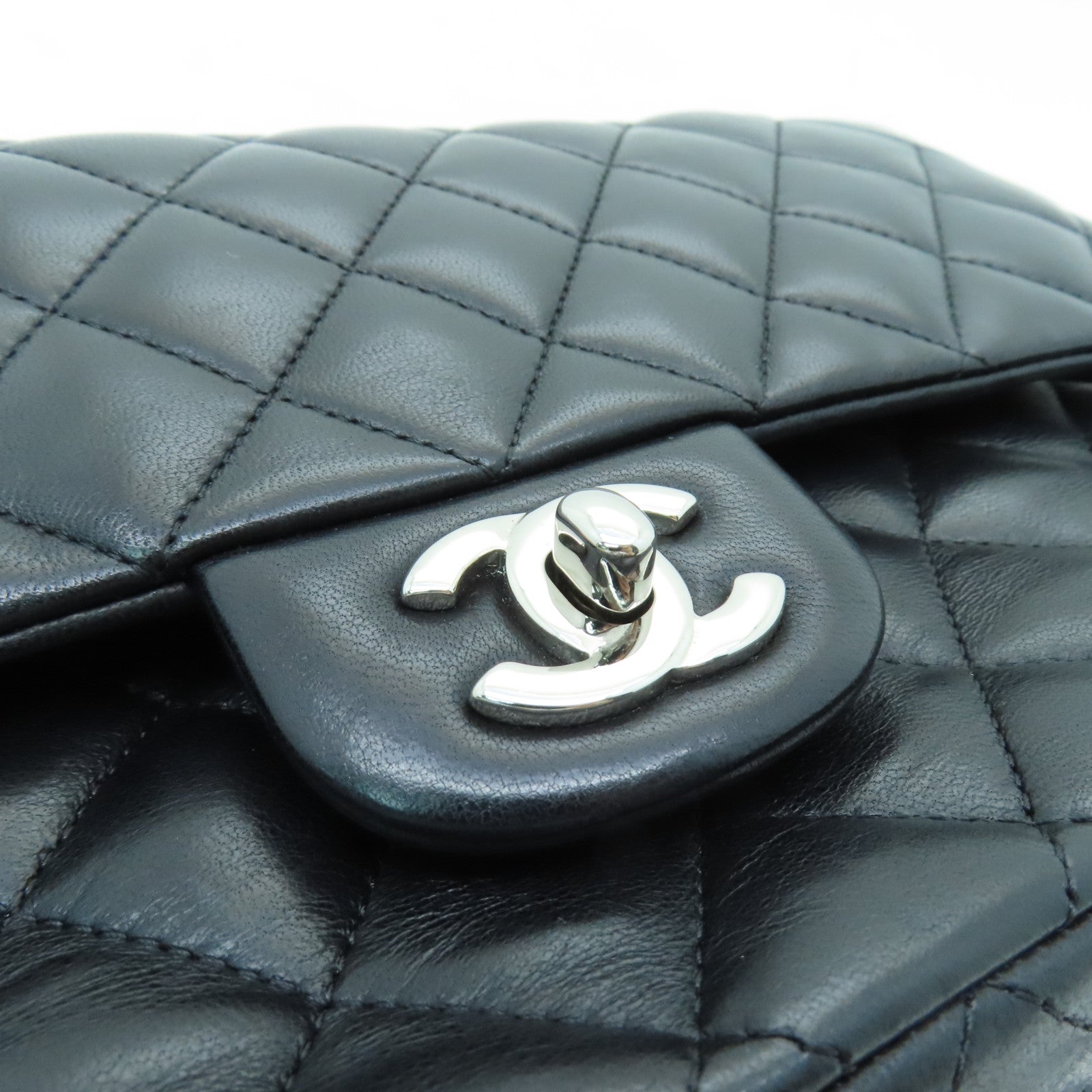 CHANEL 菱格羊皮皮革Chain Shoulder銀扣手挽肩背兩用袋黑色