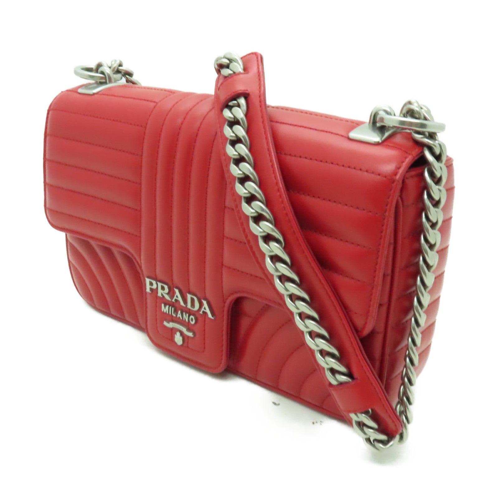 PRADA 牛皮皮革Shoulder Bag銀扣鏈帶肩背袋紅色
