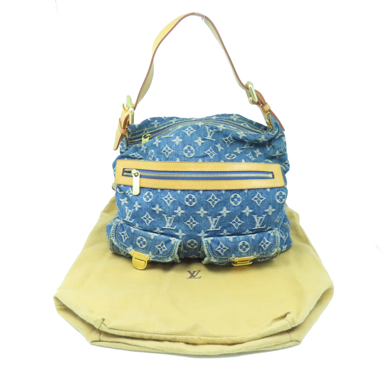 LOUIS VUITTON Monogram Denim Baggy GM gold buckle shoulder bag blue
