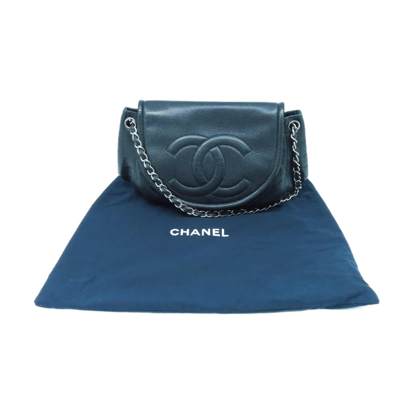 CHANEL 菱格牛皮皮革Shoulder Bag銀扣鏈帶肩背袋黑色