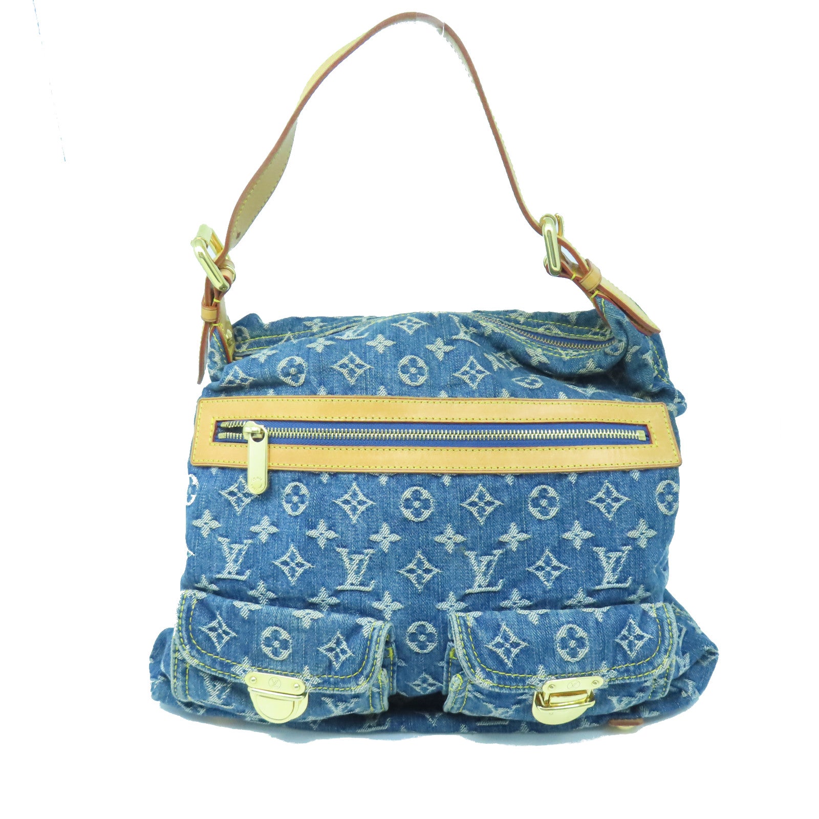 LOUIS VUITTON Monogram Denim Baggy GM gold buckle shoulder bag blue