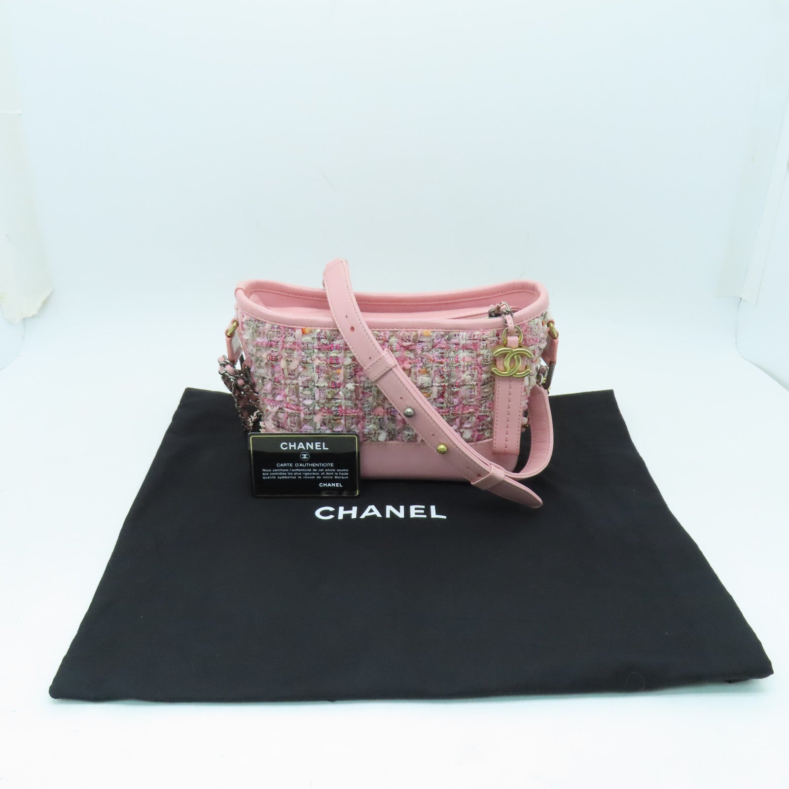 CHANEL 斜紋軟呢/牛皮皮革Small Gabrielle金扣/銀扣鏈帶肩背袋粉紅色