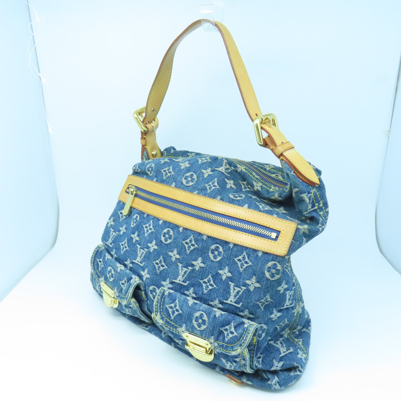 LOUIS VUITTON Monogram Denim Baggy GM gold buckle shoulder bag blue