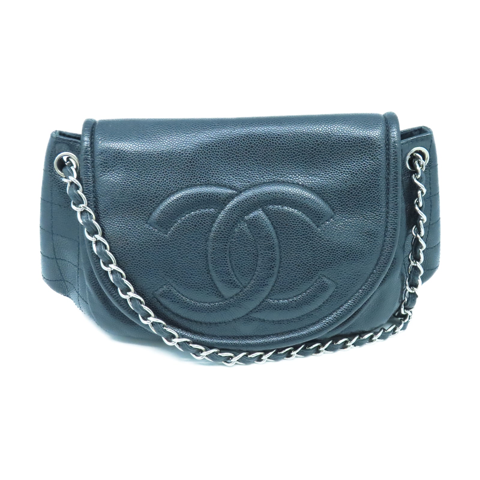 CHANEL 菱格牛皮皮革Shoulder Bag銀扣鏈帶肩背袋黑色