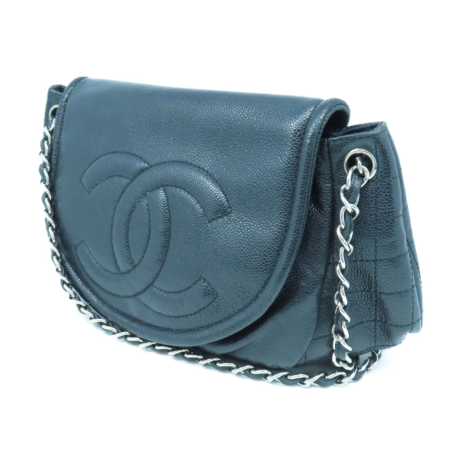 CHANEL 菱格牛皮皮革Shoulder Bag銀扣鏈帶肩背袋黑色
