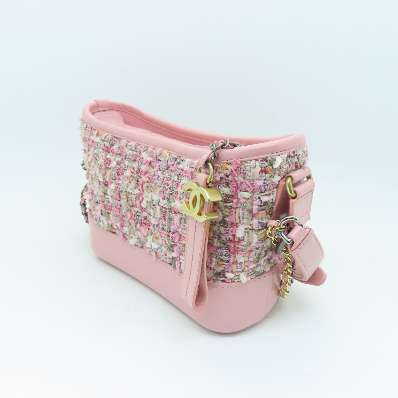 CHANEL 斜紋軟呢/牛皮皮革Small Gabrielle金扣/銀扣鏈帶肩背袋粉紅色