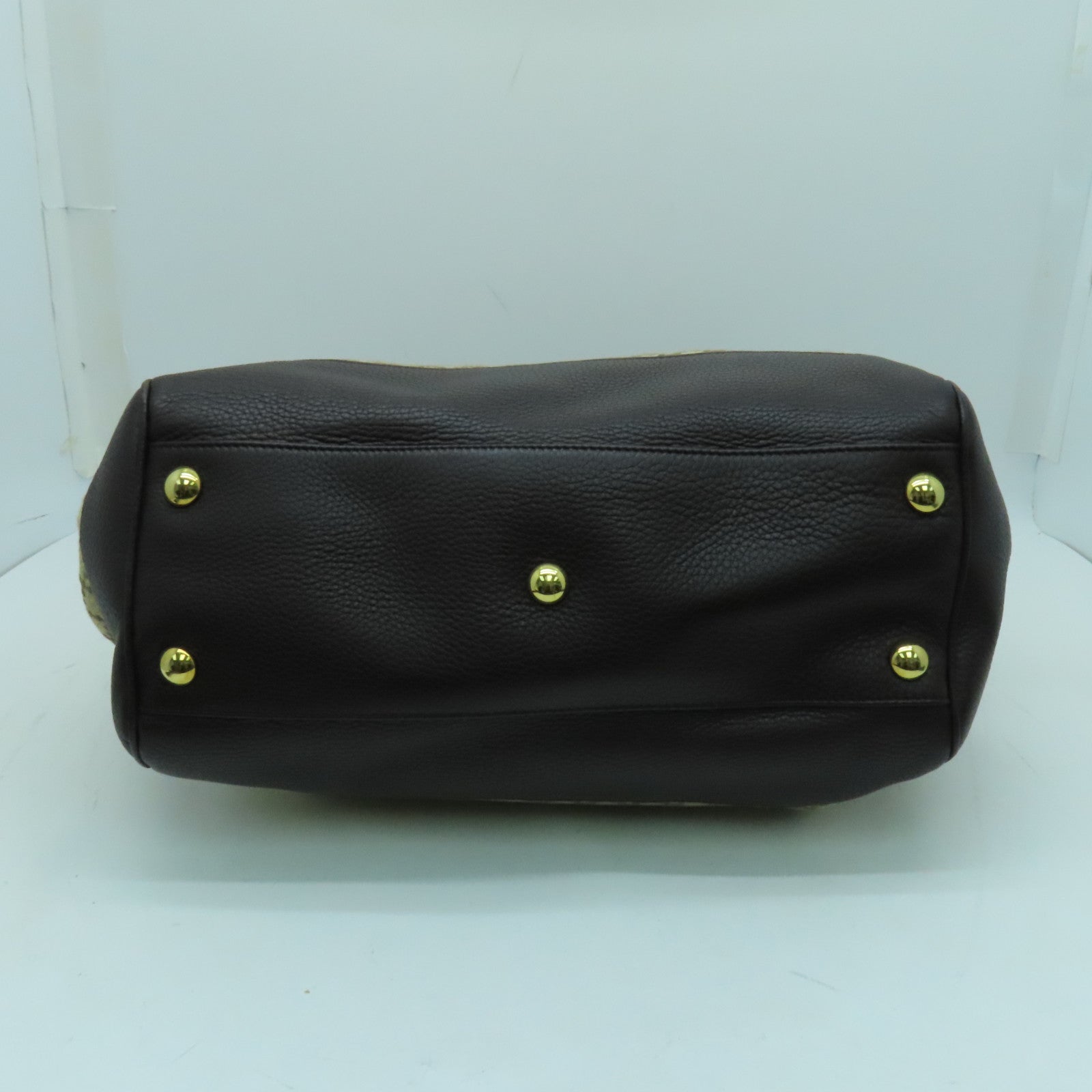 GUCCI Cowhide Leather/Canvas Hand Bag Gold Buckle Hand Bag Brown/Black