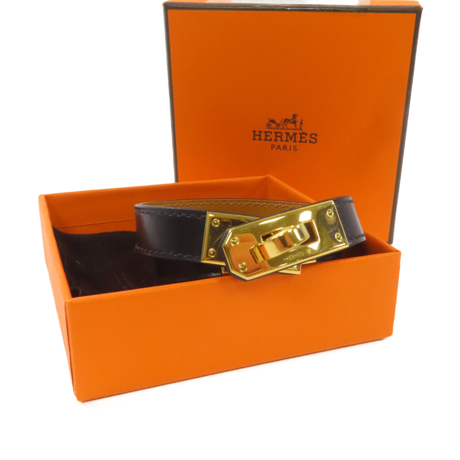 HERMES Box Calf皮革Kelly Double Tour S Bracelet金扣手鏈黑色/金色