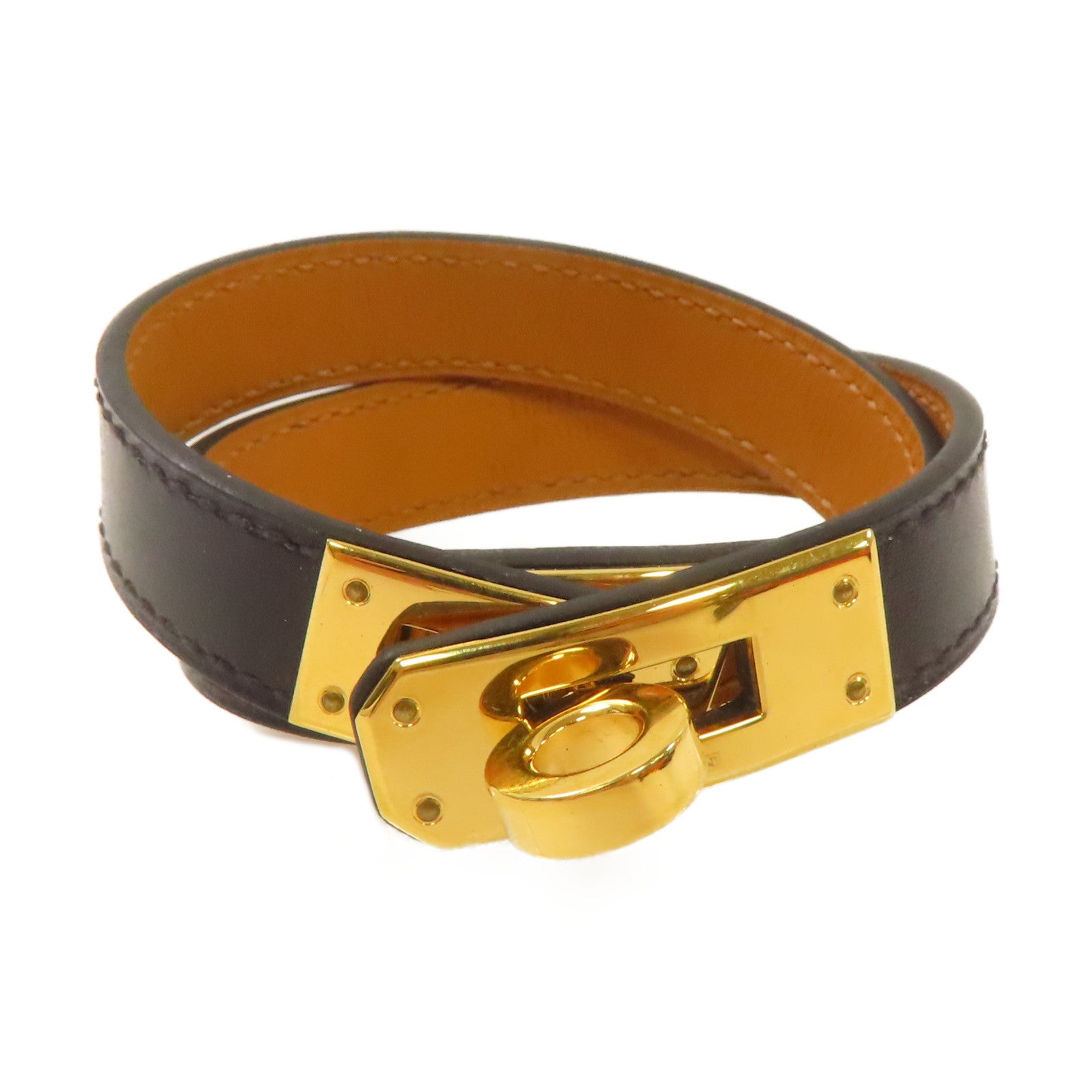 HERMES Box Calf皮革Kelly Double Tour S Bracelet金扣手鏈黑色/金色