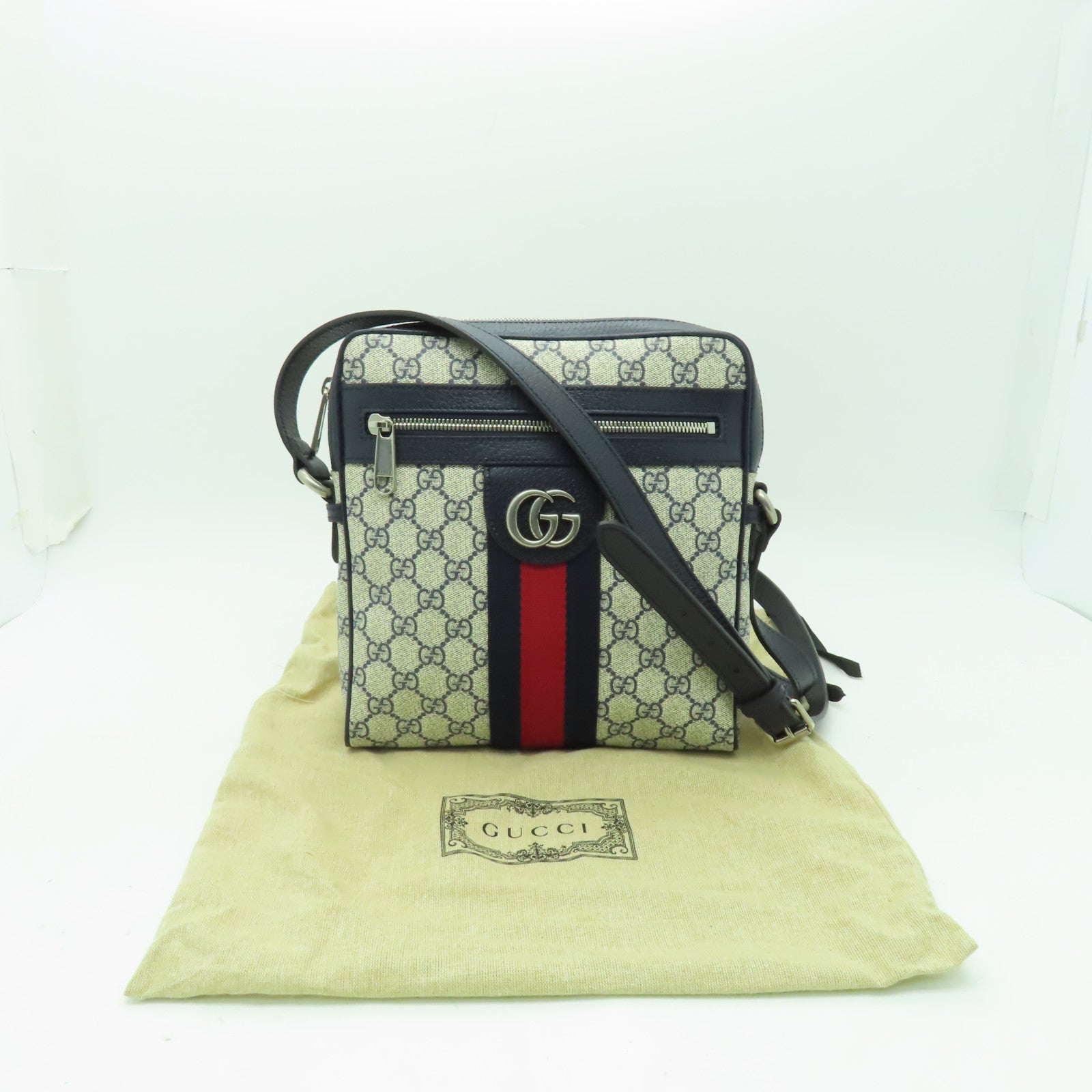 GUCCI 塗層帆布Ophidia GG Small Messenger銀扣肩背袋米色/藍色