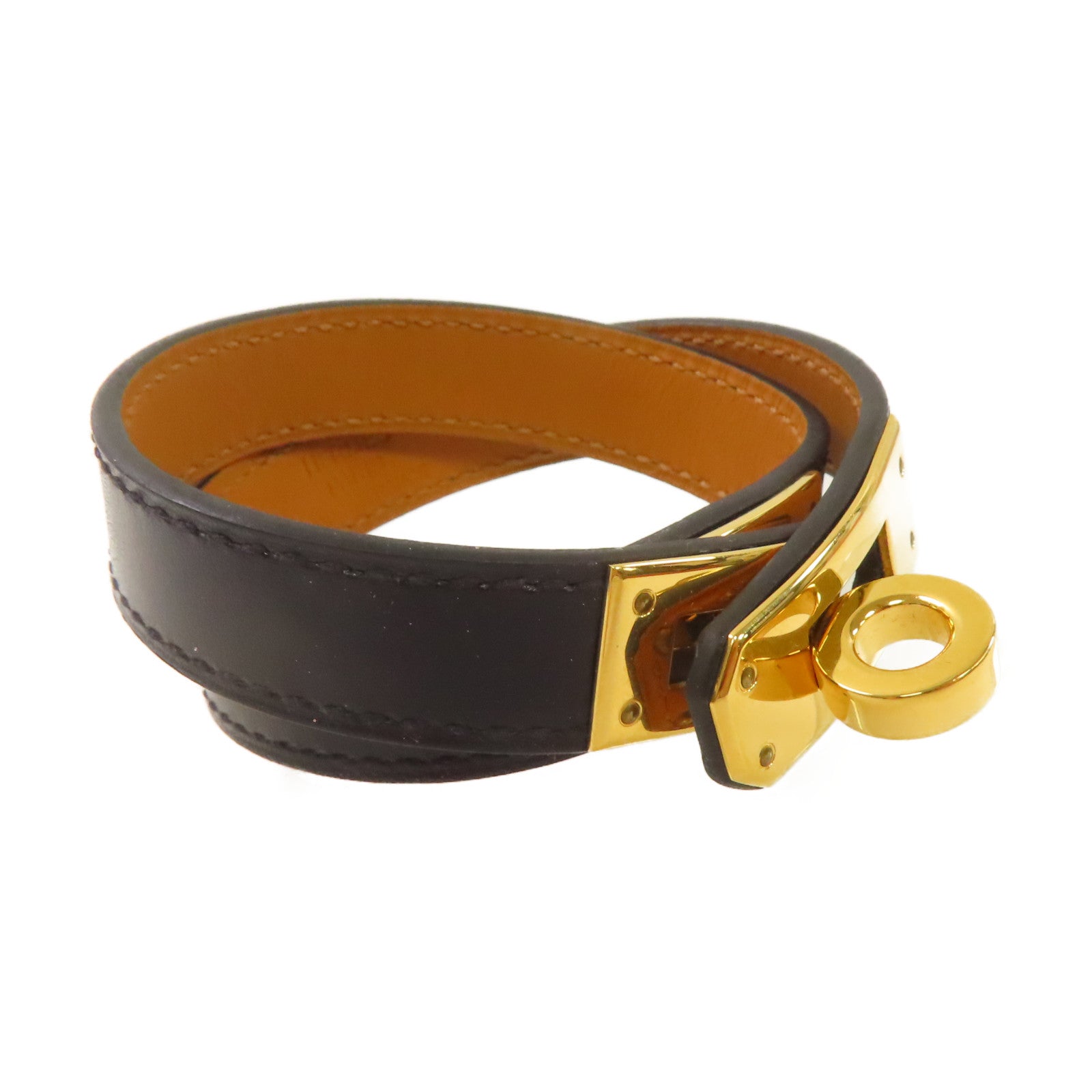HERMES Box Calf皮革Kelly Double Tour S Bracelet金扣手鏈黑色/金色