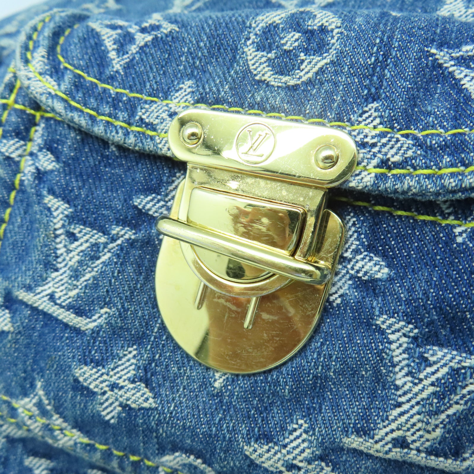 LOUIS VUITTON Monogram Denim Baggy GM gold buckle shoulder bag blue