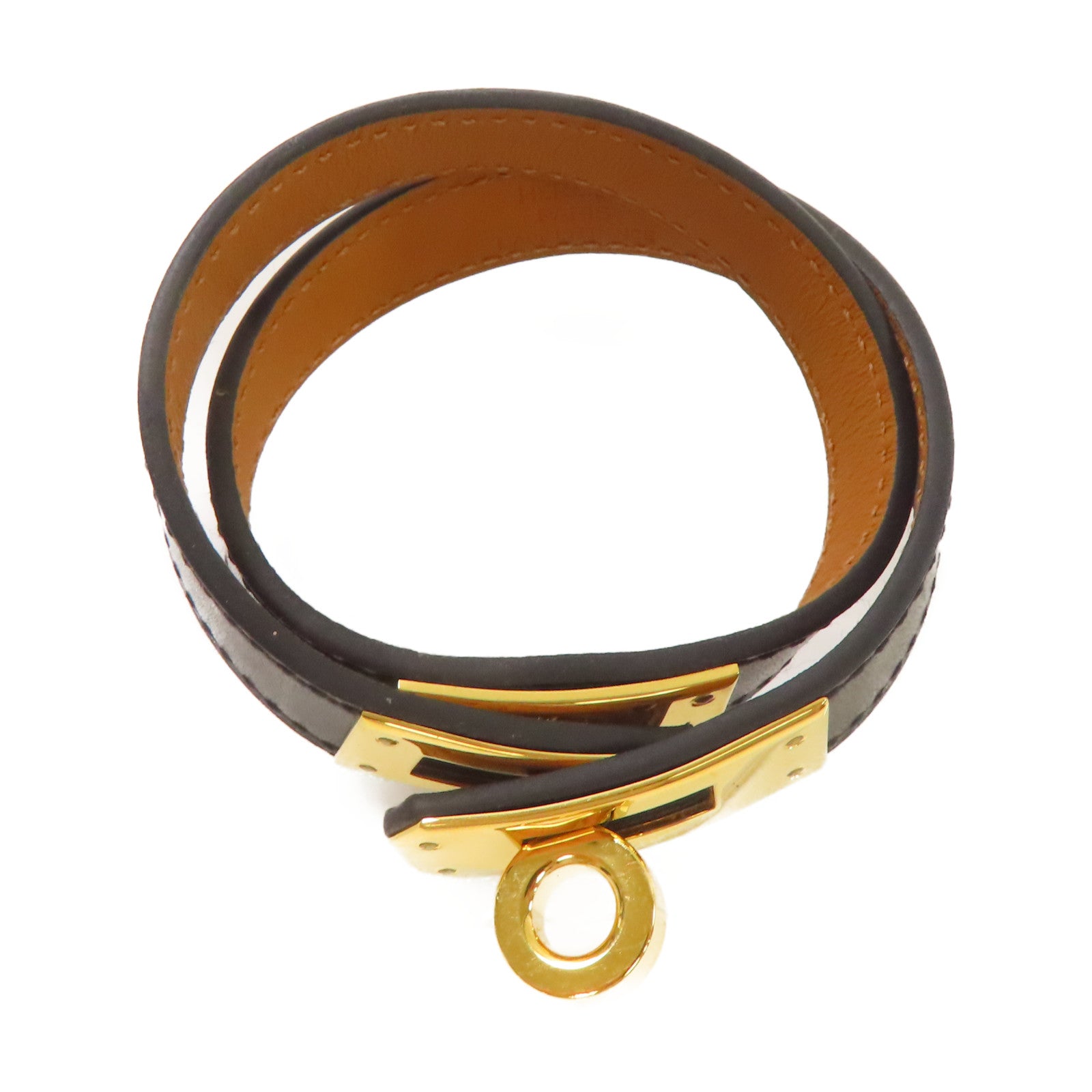 HERMES Box Calf皮革Kelly Double Tour S Bracelet金扣手鏈黑色/金色