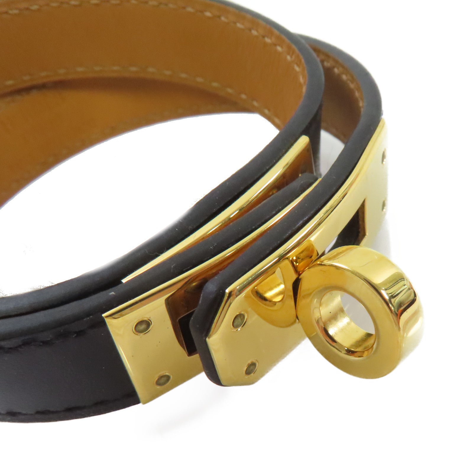 HERMES Box Calf皮革Kelly Double Tour S Bracelet金扣手鏈黑色/金色