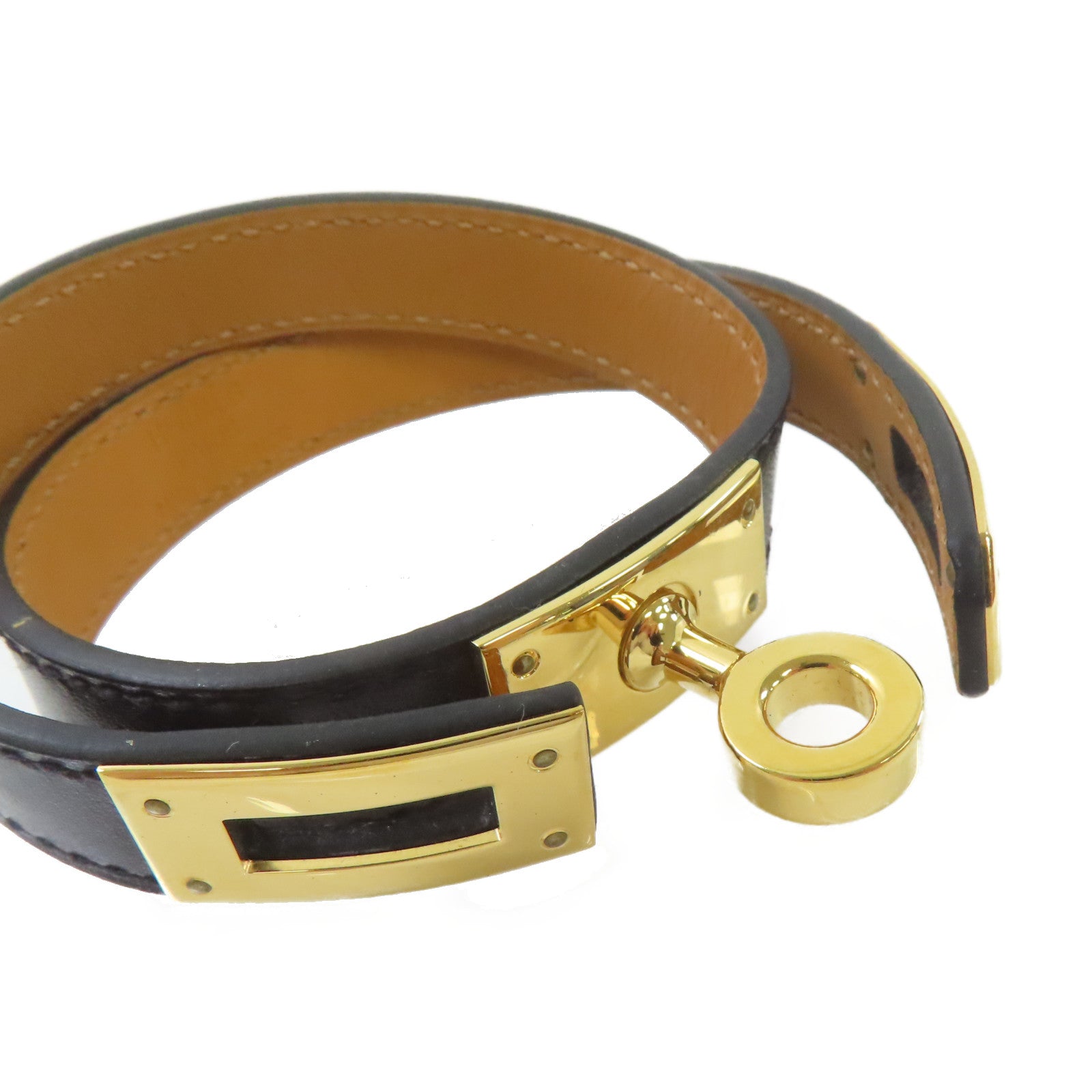 HERMES Box Calf皮革Kelly Double Tour S Bracelet金扣手鏈黑色/金色