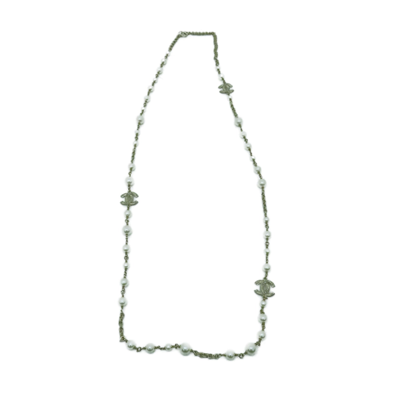 CHANEL 金屬/仿珍珠Necklace金扣項鍊白色/金色