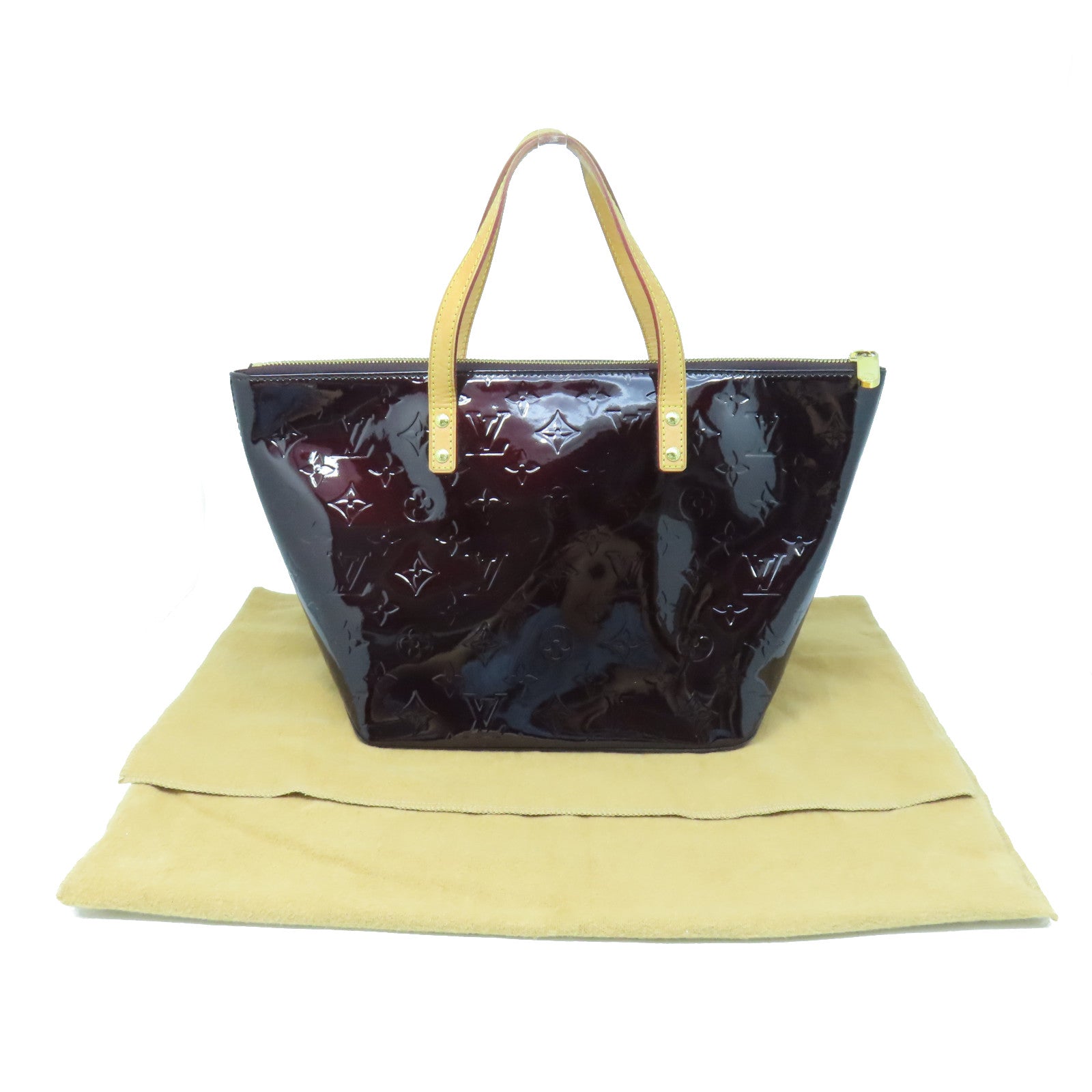 LOUIS VUITTON Monogram Vernis Bellevue PM gold buckle handle bag red