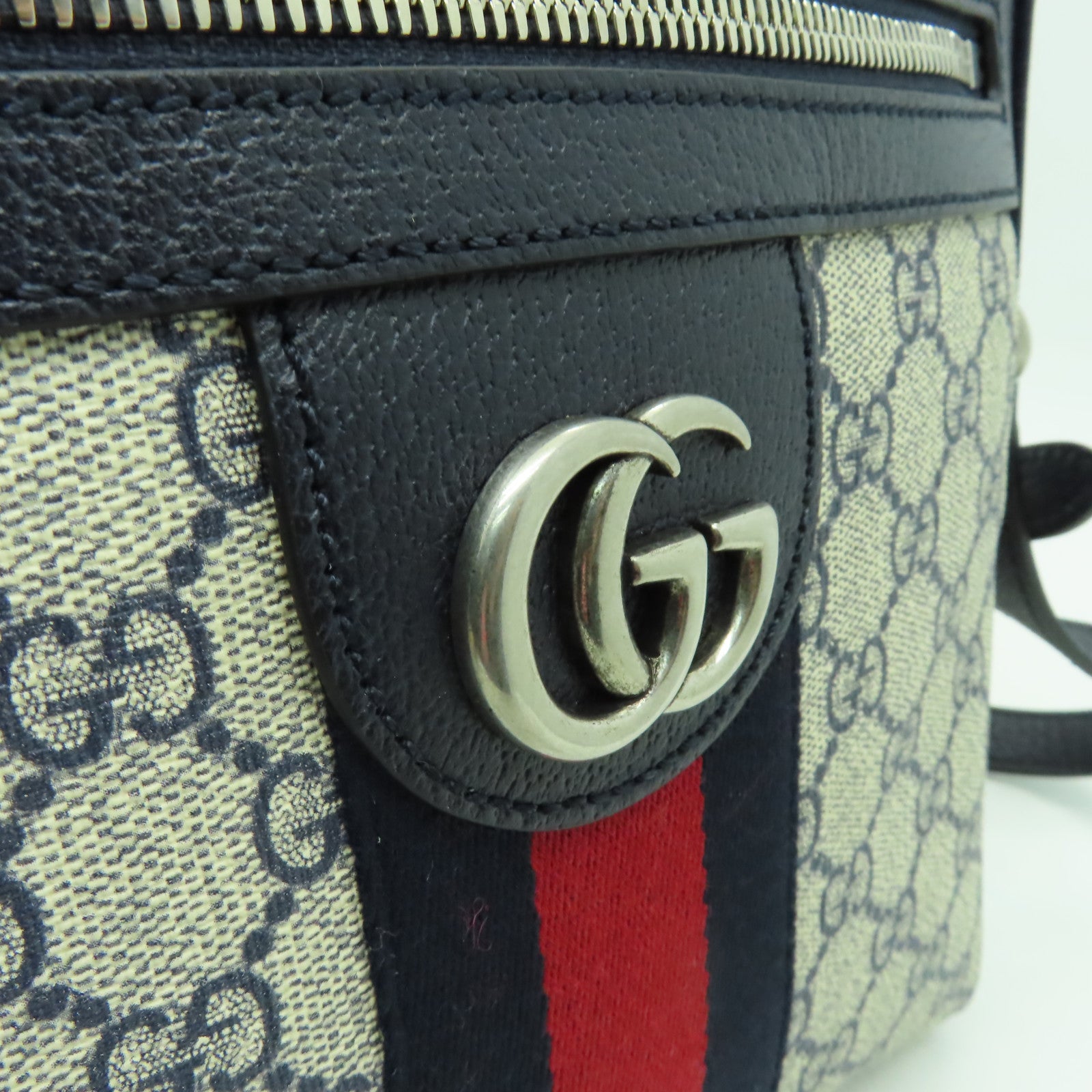 GUCCI 塗層帆布Ophidia GG Small Messenger銀扣肩背袋米色/藍色