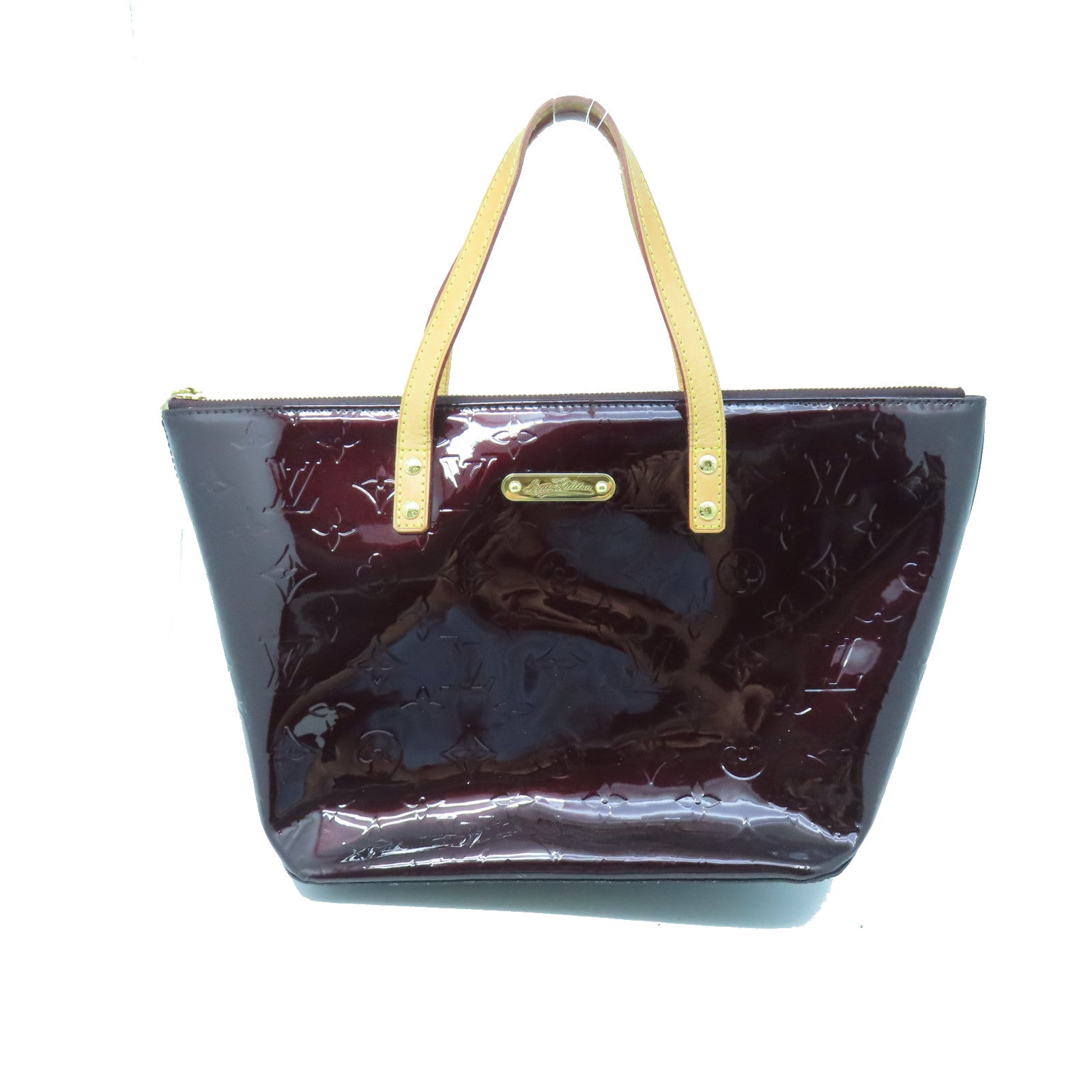 LOUIS VUITTON Monogram Vernis Bellevue PM gold buckle handle bag red