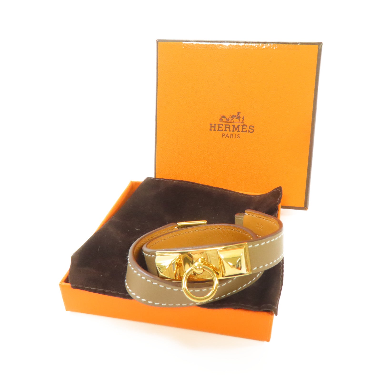 HERMES Swift皮革Rivale Double Tour XS Bracelet金扣手鏈啡色/金色