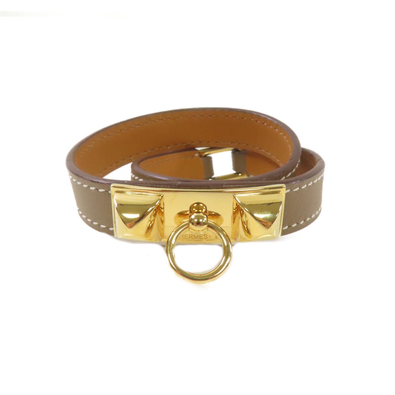 HERMES Swift皮革Rivale Double Tour XS Bracelet金扣手鏈啡色/金色