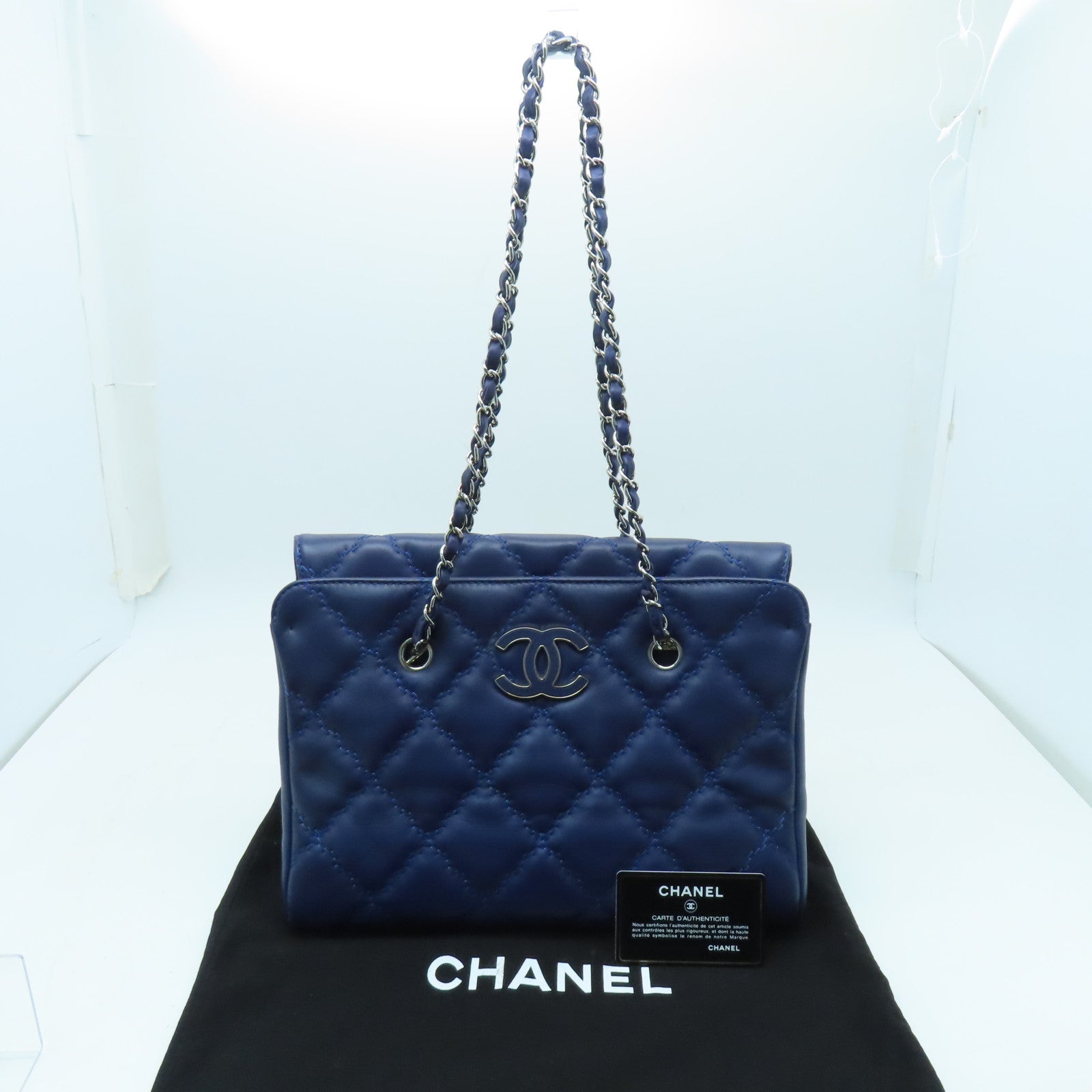 CHANEL 菱格牛皮皮革Chain Shoulder Bag银扣链带肩背袋蓝色
