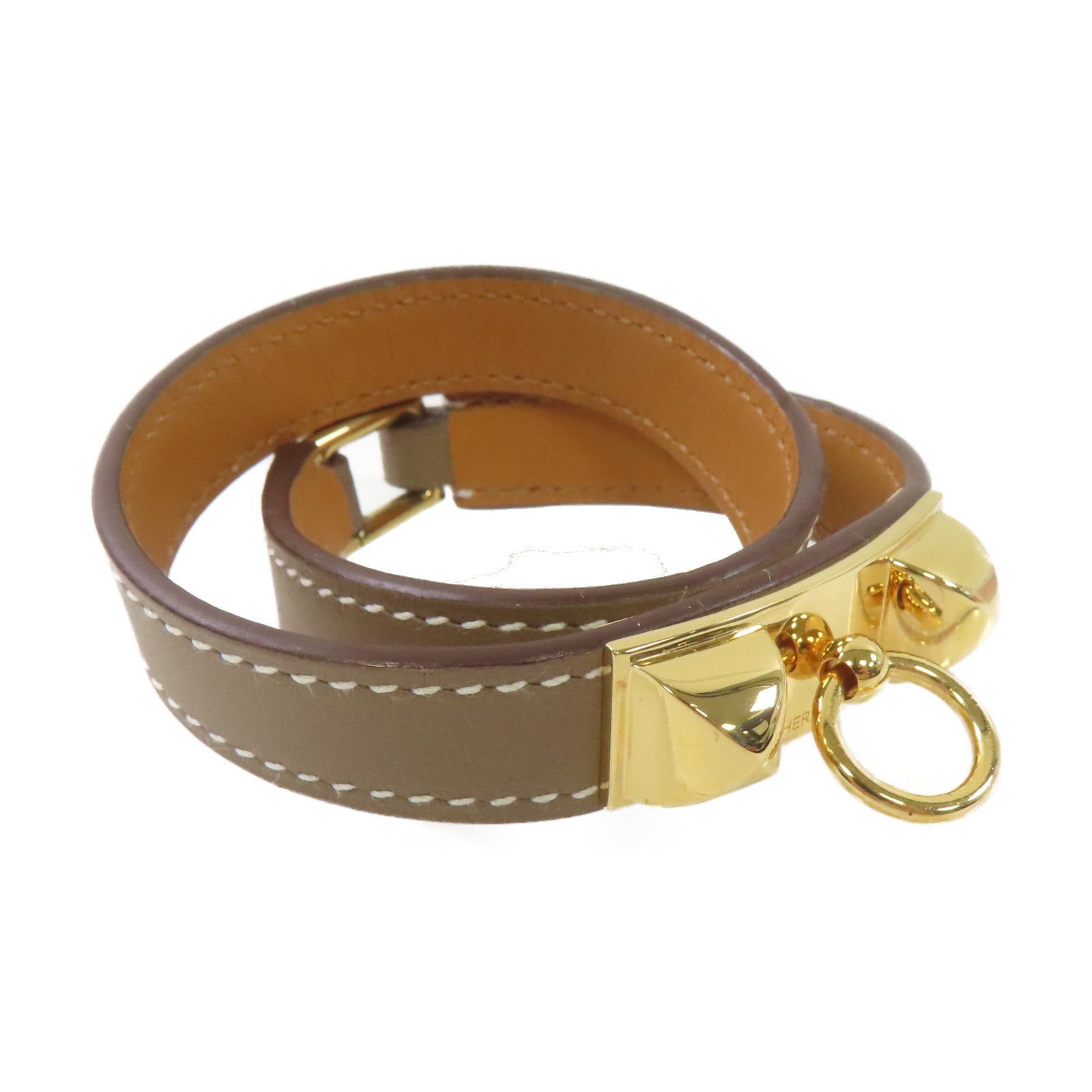 HERMES Swift皮革Rivale Double Tour XS Bracelet金扣手鏈啡色/金色